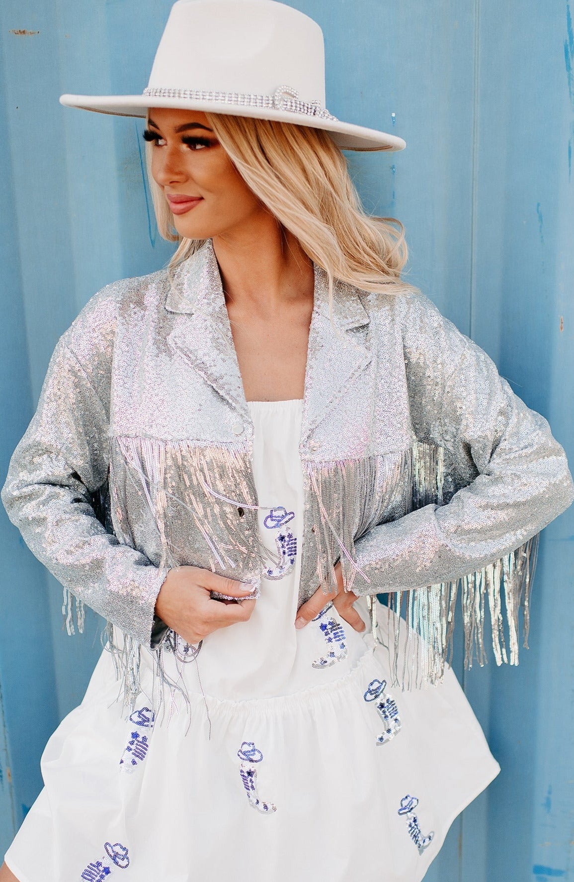Rodeo Diva Sequin Fringe Cropped Jacket (Silver)-The Formal Wear