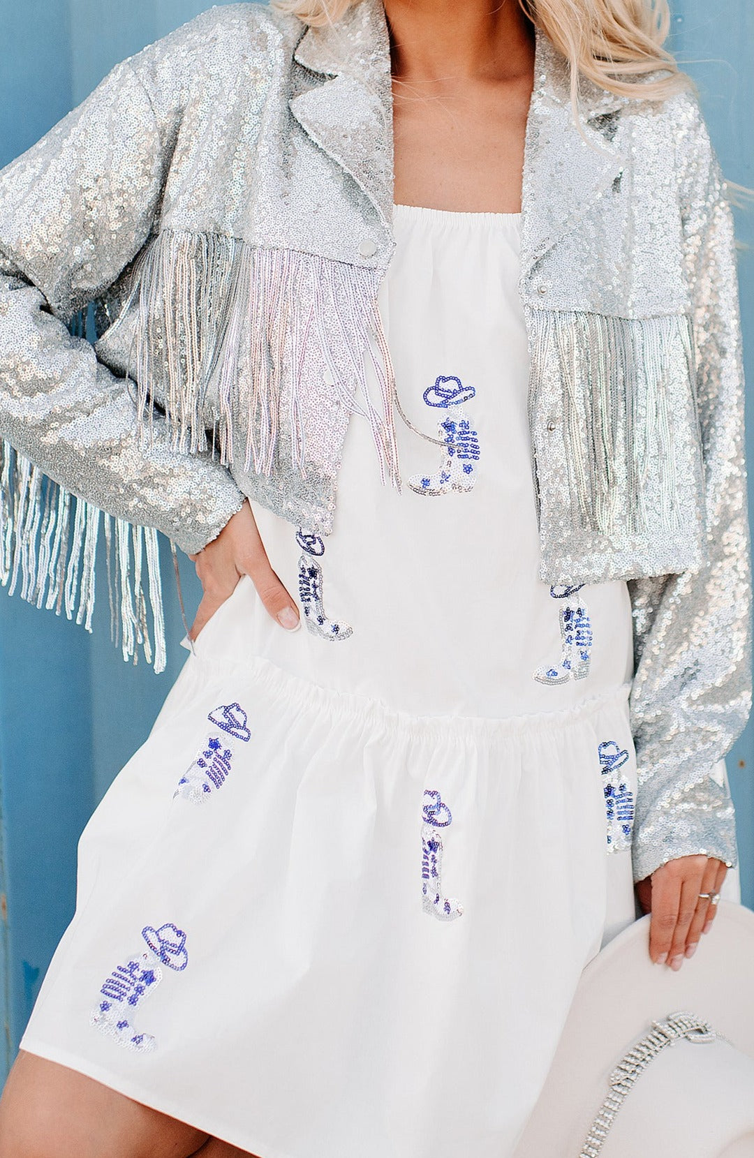 Rodeo Diva Sequin Fringe Cropped Jacket (Silver)-The Formal Wear