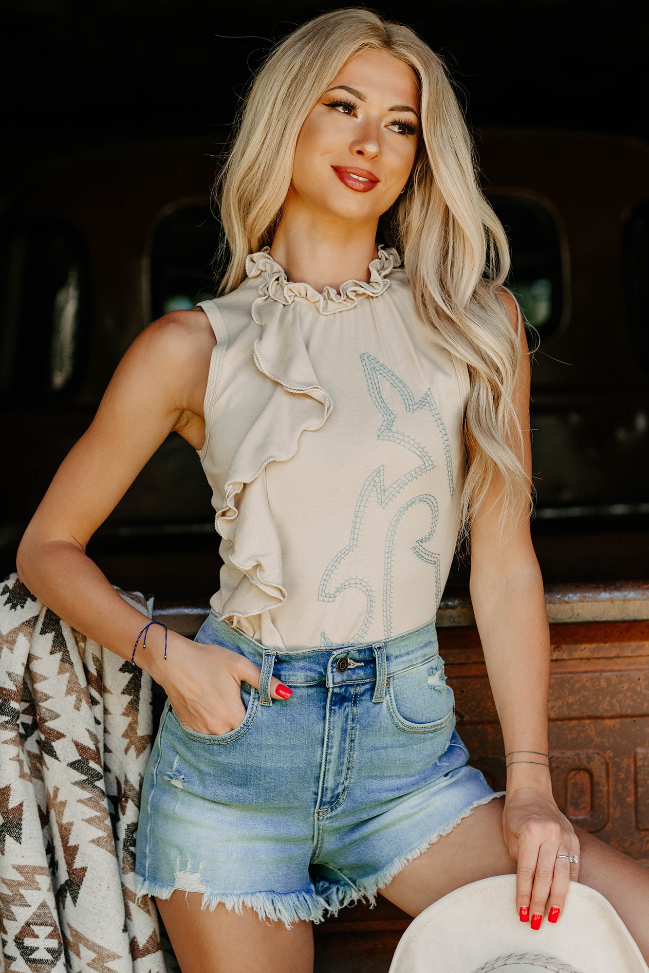 Rodeo Ready Embroidered Ruffle Top (Sand)-The Formal Wear