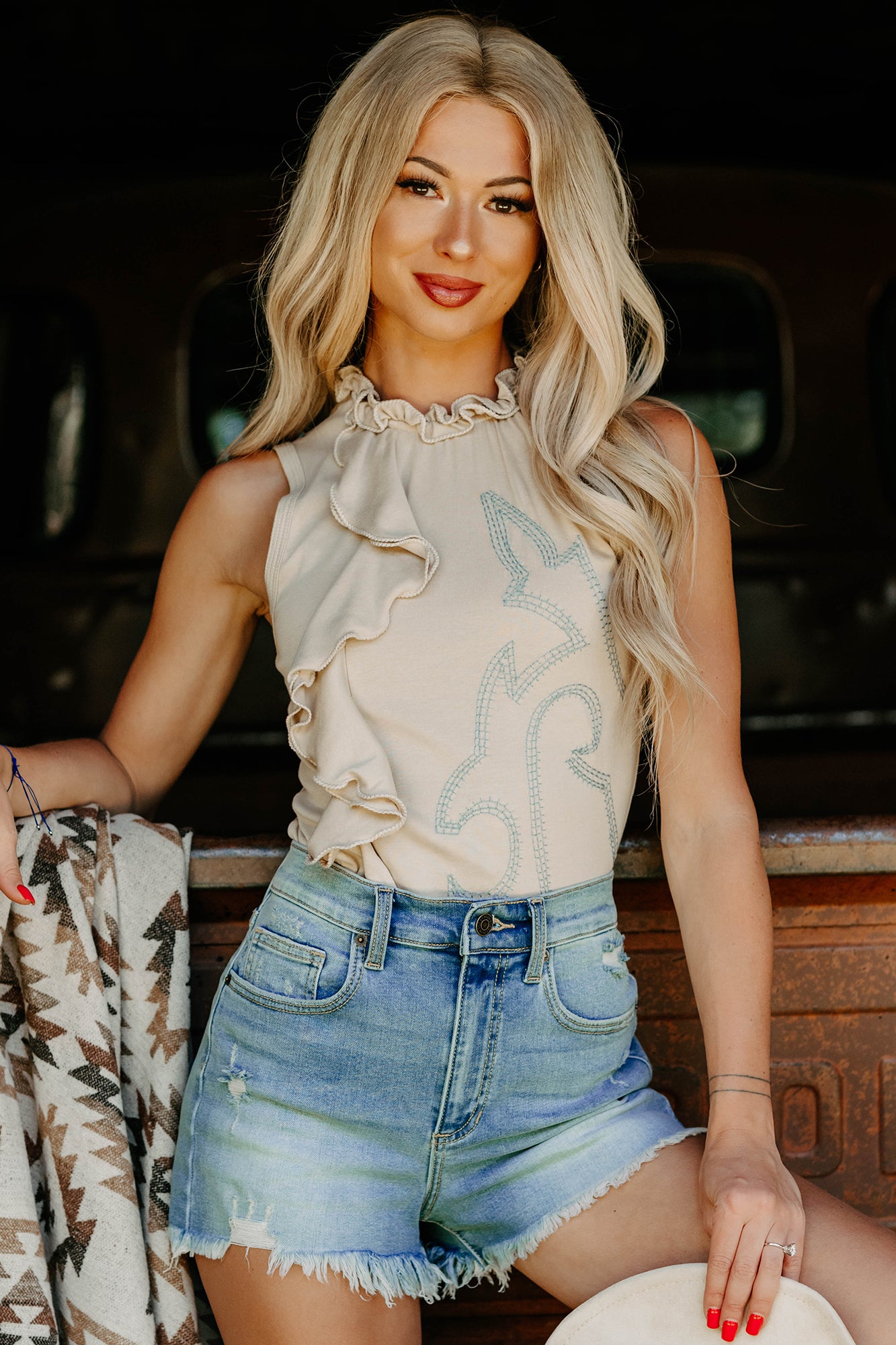 Rodeo Ready Embroidered Ruffle Top (Sand)-The Formal Wear