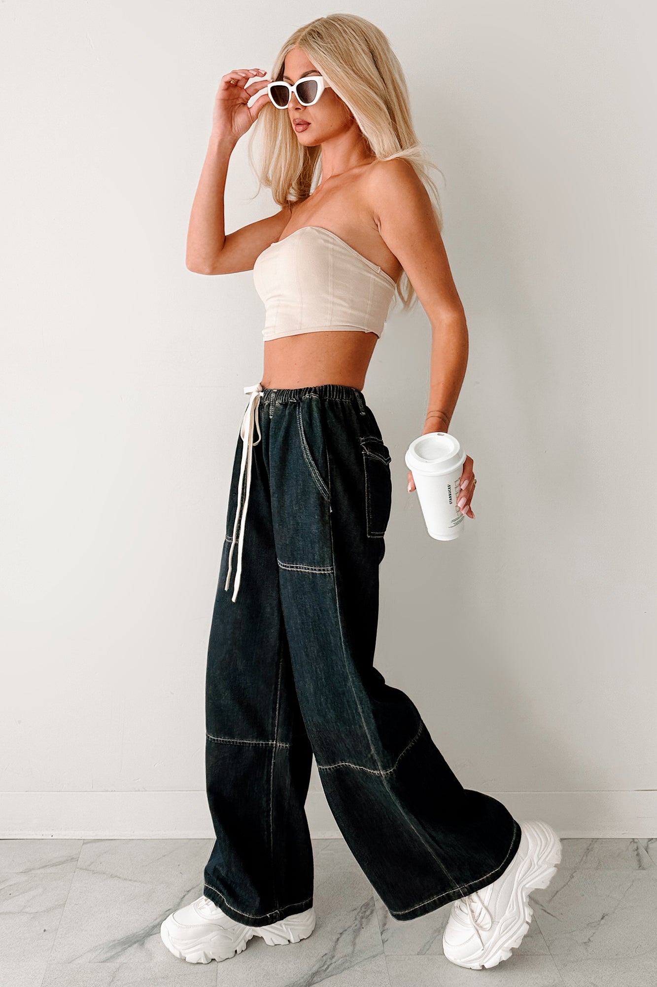 Chill Energy Wide Leg Drawstring Pants (Grey Denim)-The Formal Wear