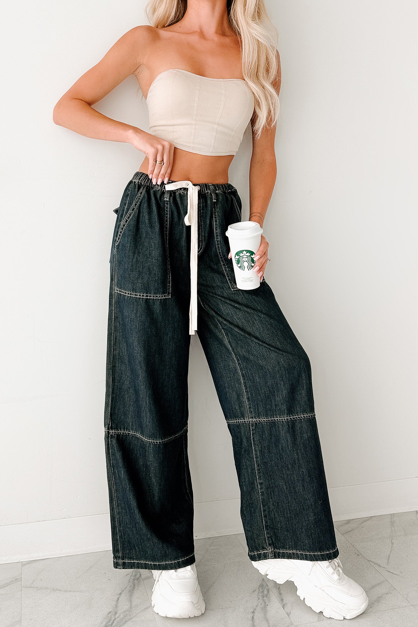 Chill Energy Wide Leg Drawstring Pants (Grey Denim)-The Formal Wear
