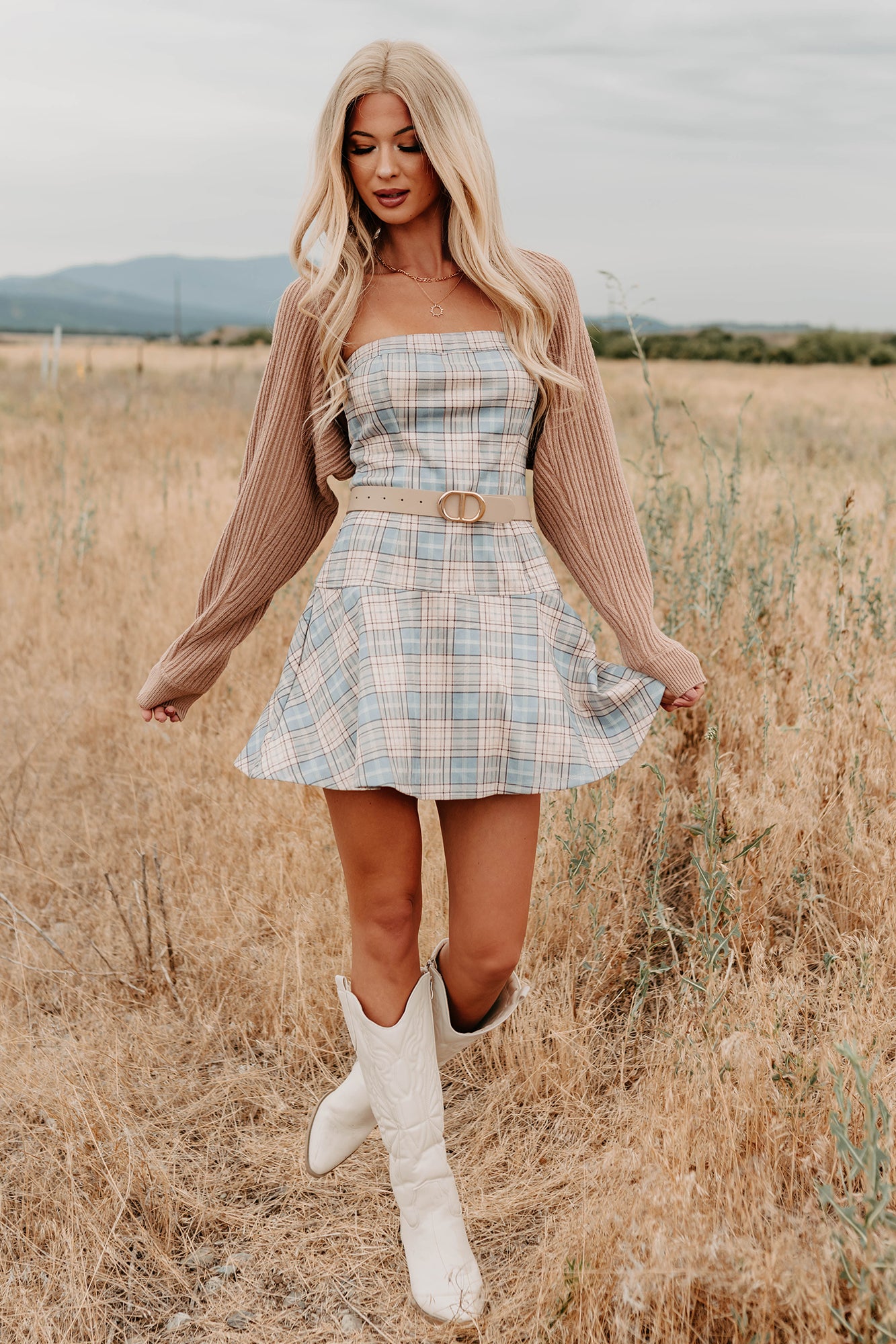 Hold Me Here Strapless Plaid Mini Dress (Light Blue)-The Formal Wear