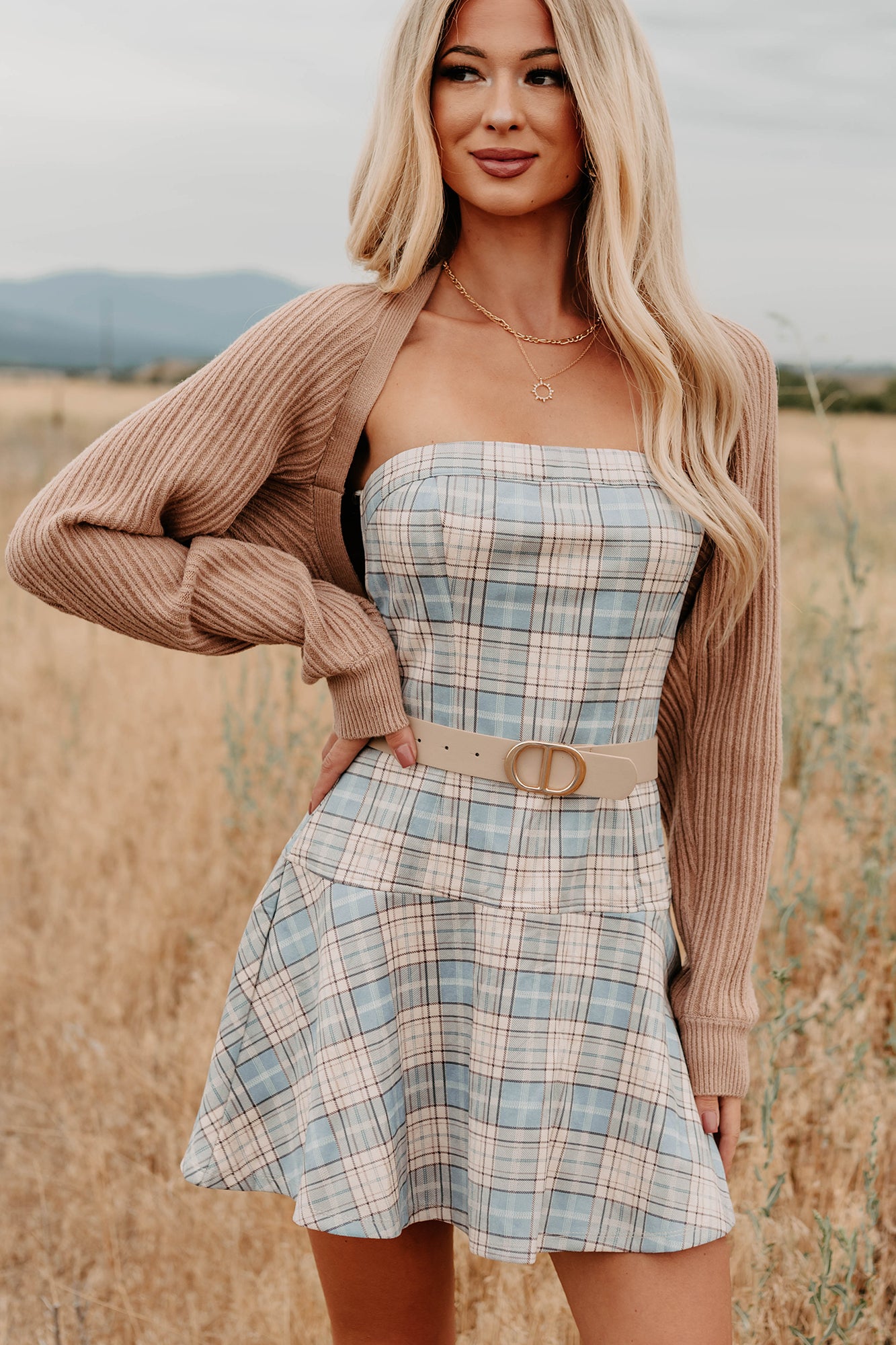 Hold Me Here Strapless Plaid Mini Dress (Light Blue)-The Formal Wear