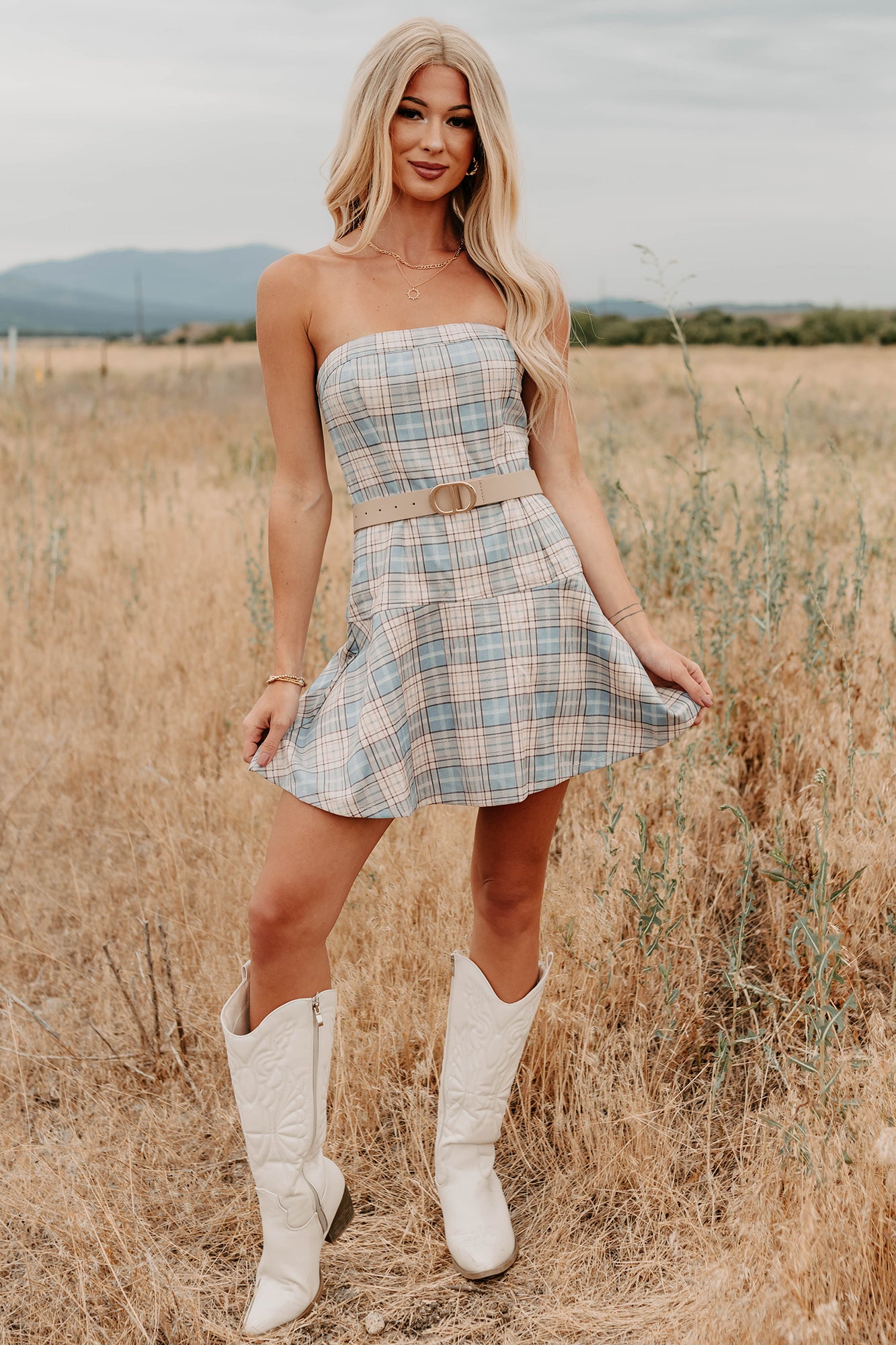 Hold Me Here Strapless Plaid Mini Dress (Light Blue)-The Formal Wear
