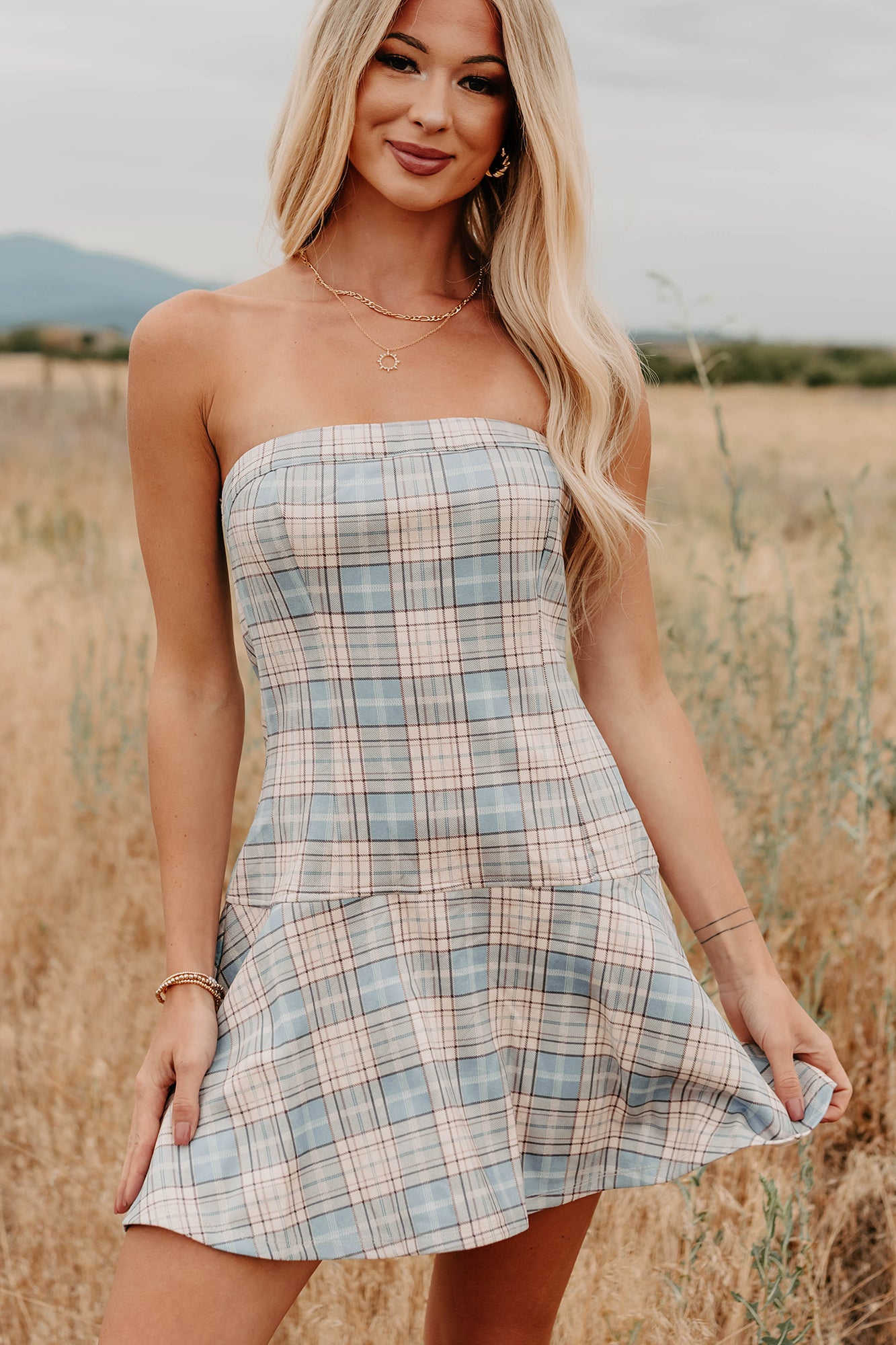 Hold Me Here Strapless Plaid Mini Dress (Light Blue)-The Formal Wear