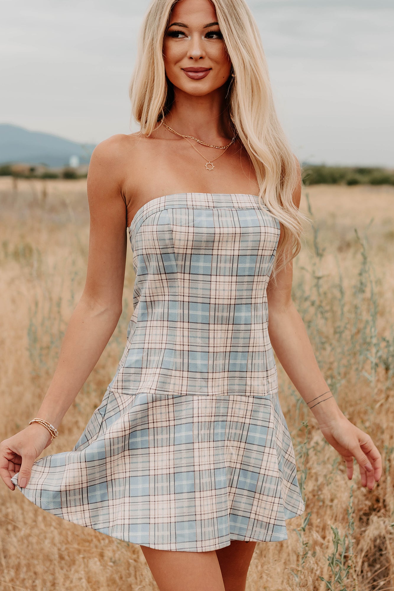 Hold Me Here Strapless Plaid Mini Dress (Light Blue)-The Formal Wear