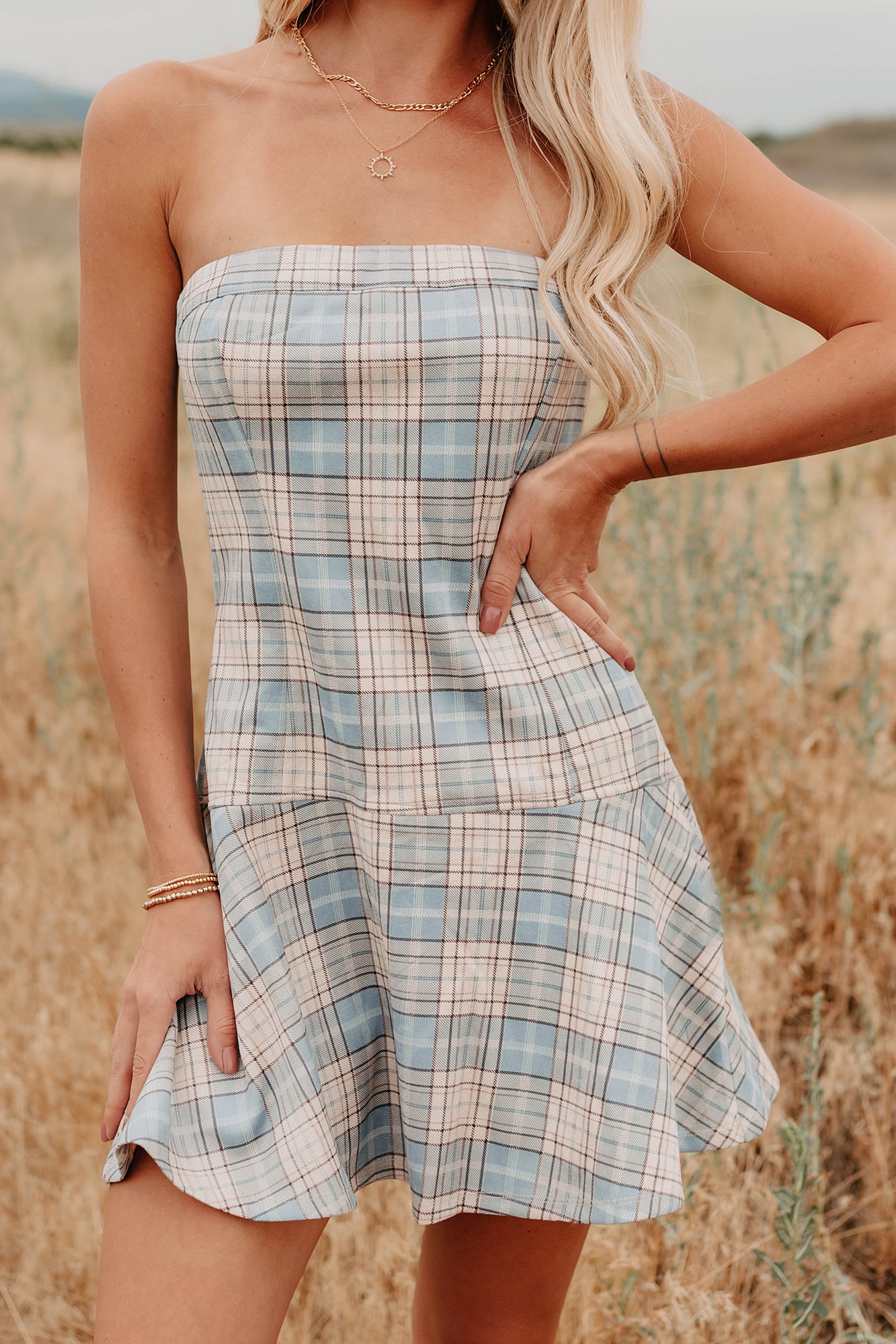 Hold Me Here Strapless Plaid Mini Dress (Light Blue)-The Formal Wear