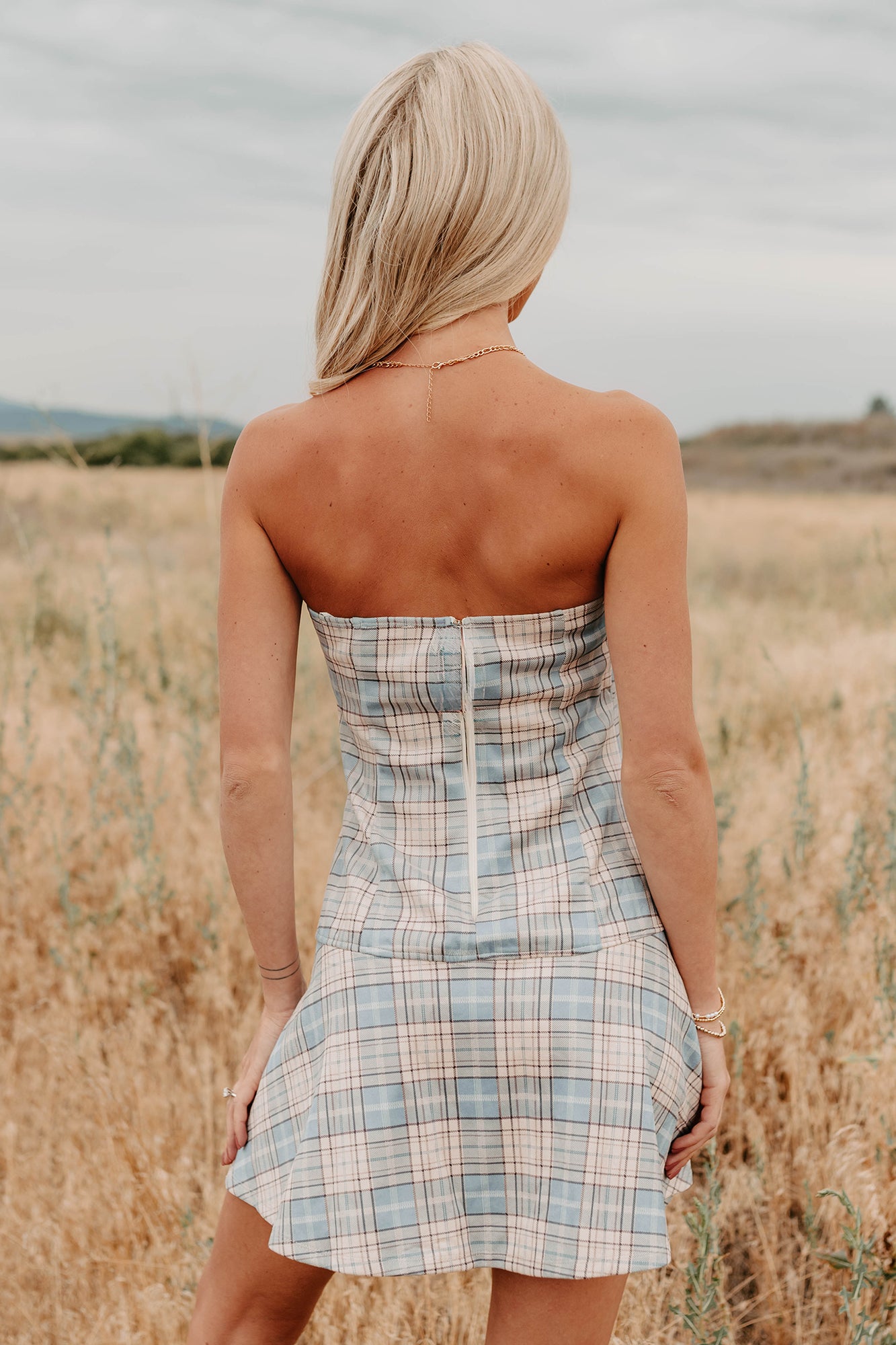 Hold Me Here Strapless Plaid Mini Dress (Light Blue)-The Formal Wear