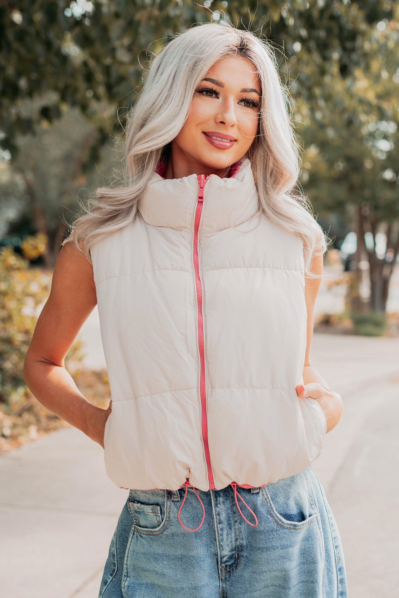 On The Reverse Side Reversible Puffer Vest (Hibiscus/Beige)-The Formal Wear