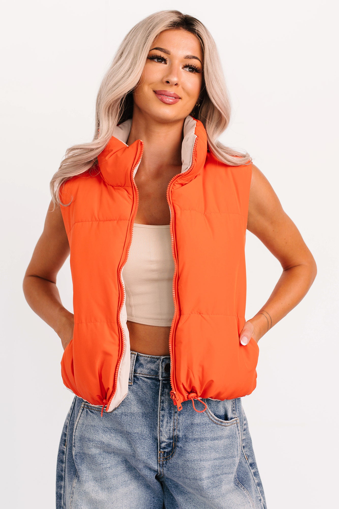 On The Reverse Side Reversible Puffer Vest (Tomato/Beige)-The Formal Wear