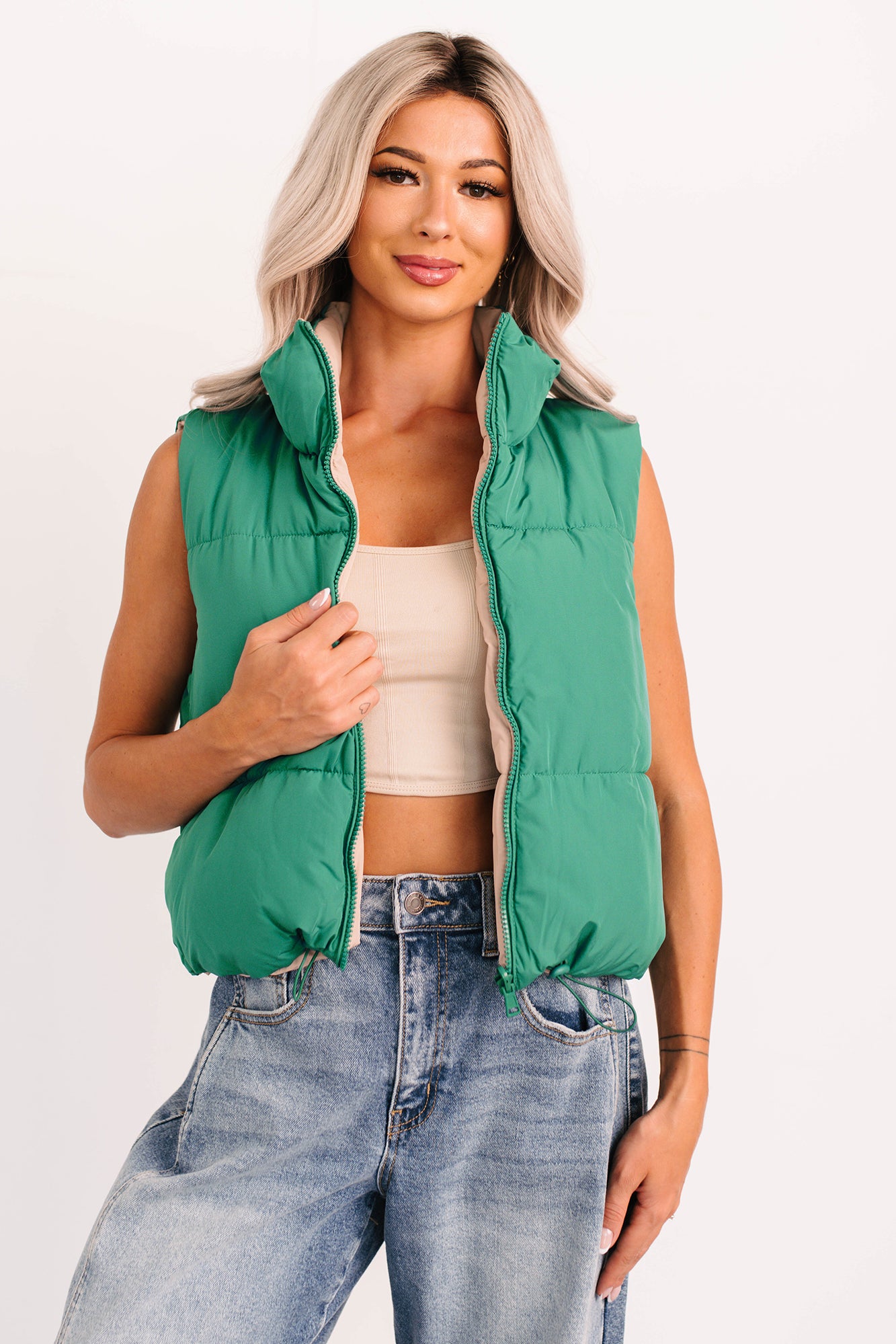 On The Reverse Side Reversible Puffer Vest (Green/Beige)-The Formal Wear