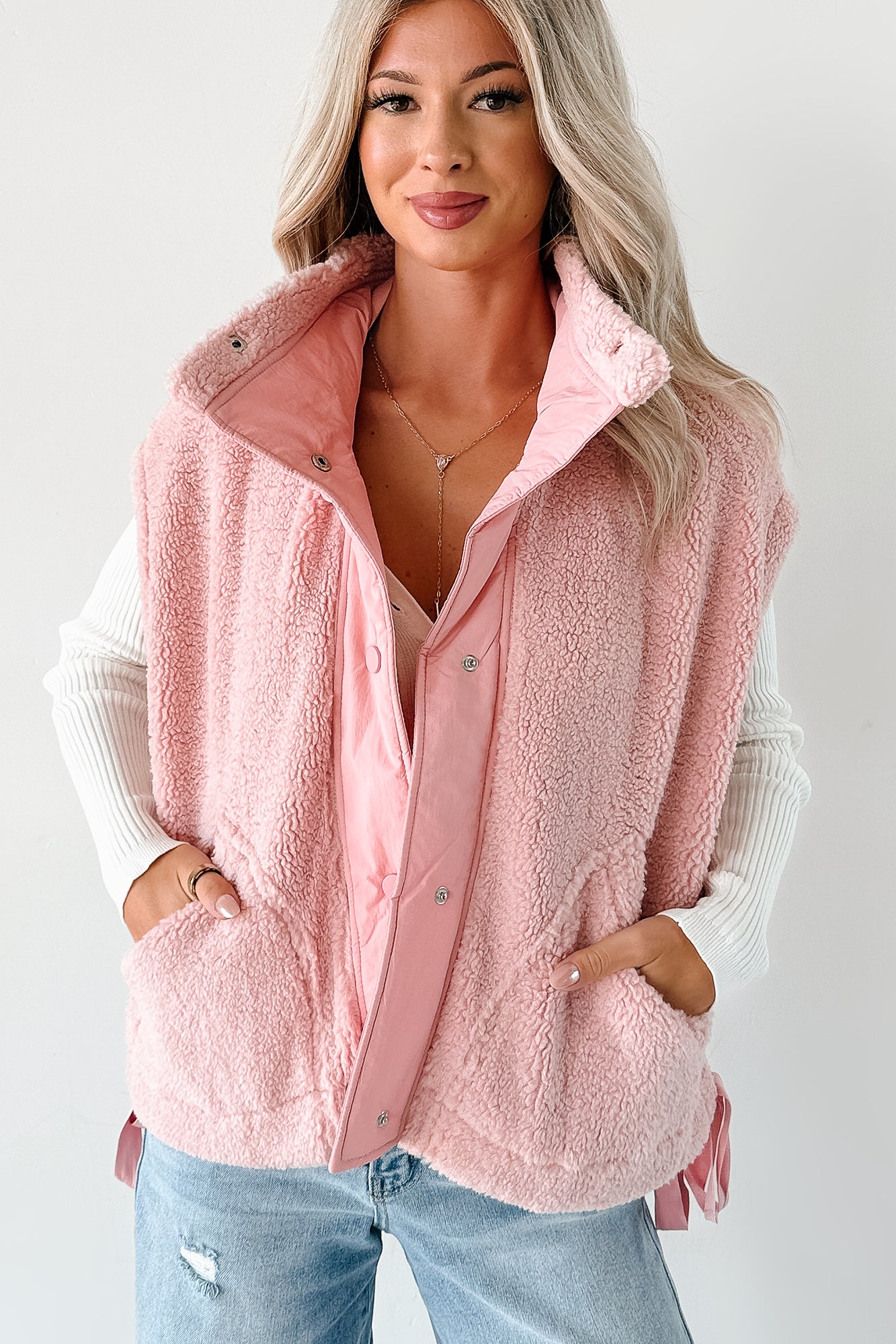 Dream Ahead Fleece Side Tie Vest (Pink)-The Formal Wear