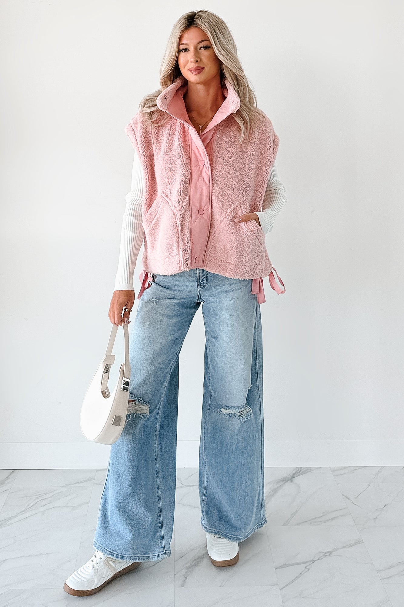 Dream Ahead Fleece Side Tie Vest (Pink)-The Formal Wear