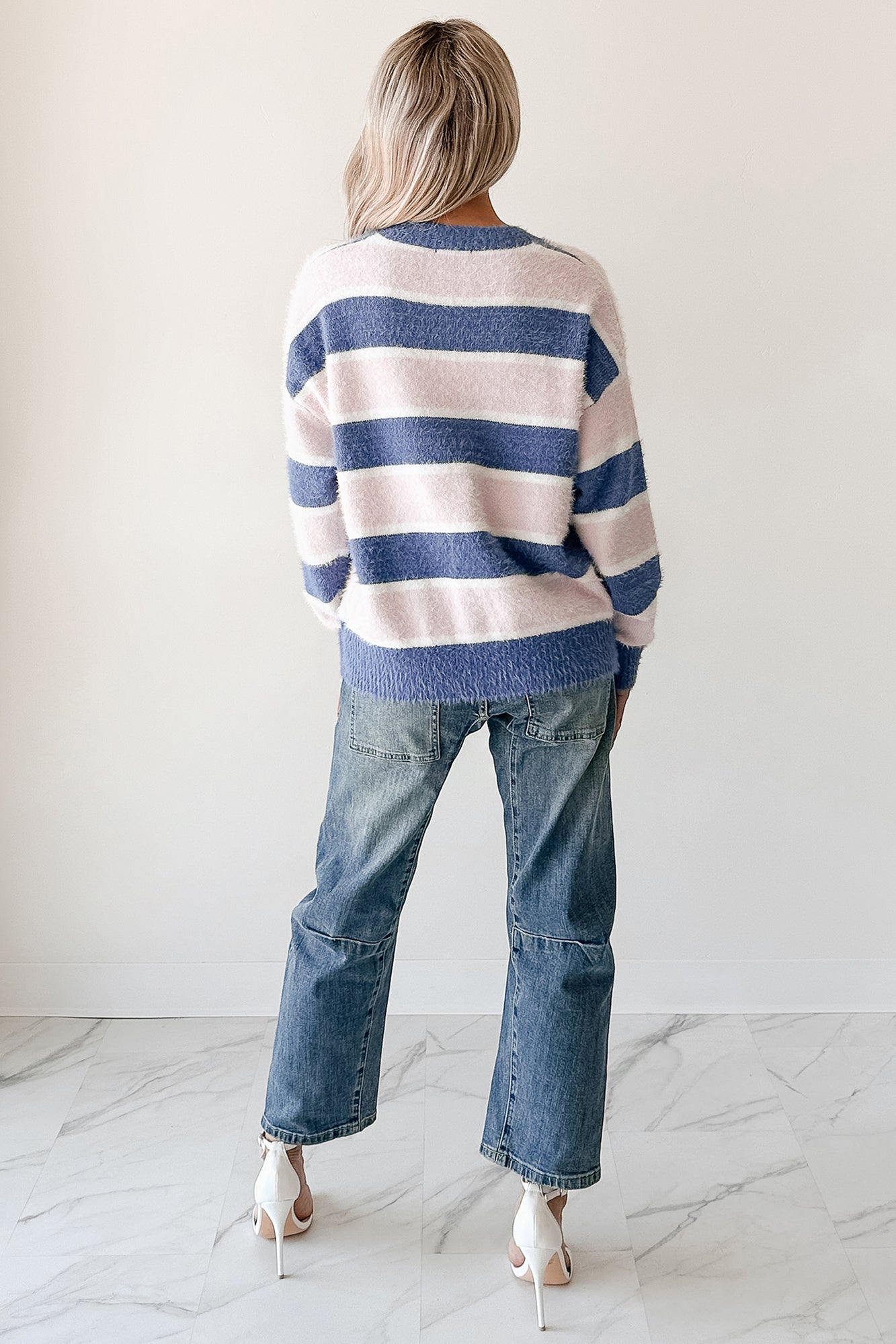 Soft Sentiments Papermoon Striped Fuzzy Sweater (Pink/Navy)-The Formal Wear