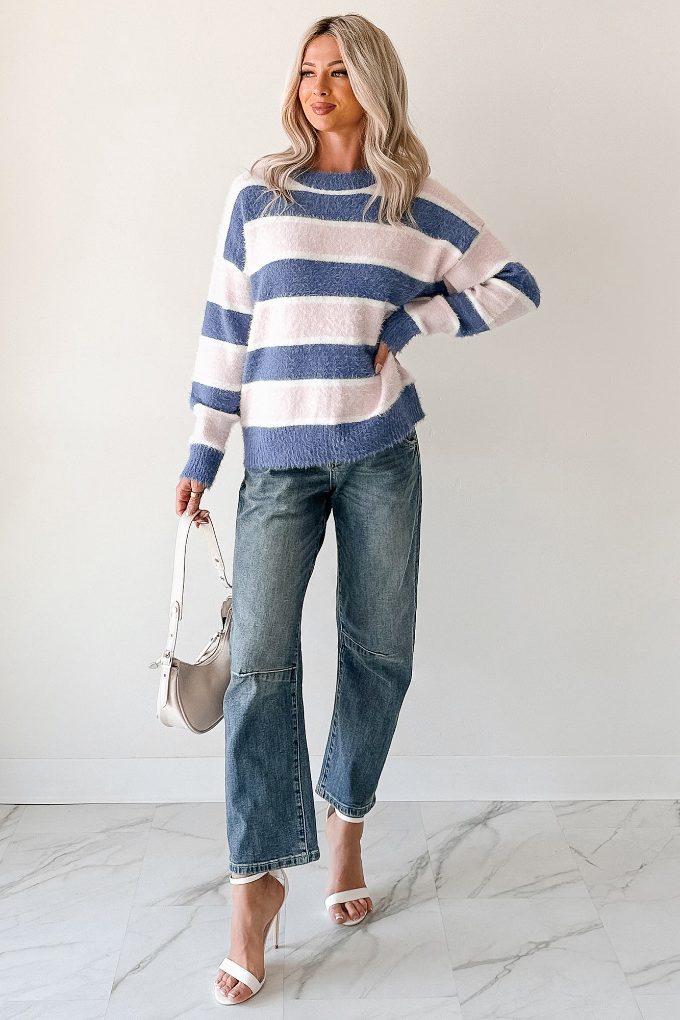 Soft Sentiments Papermoon Striped Fuzzy Sweater (Pink/Navy)-The Formal Wear
