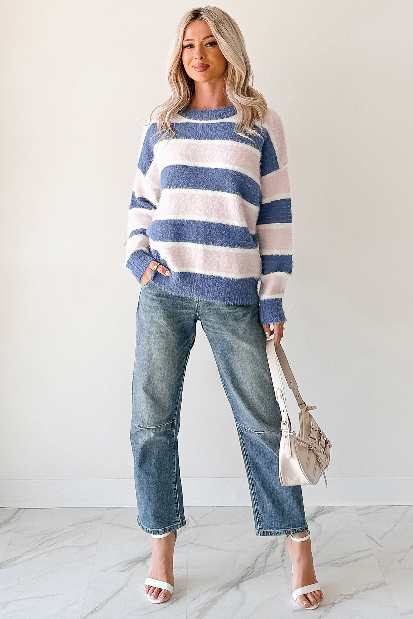 Soft Sentiments Papermoon Striped Fuzzy Sweater (Pink/Navy)-The Formal Wear