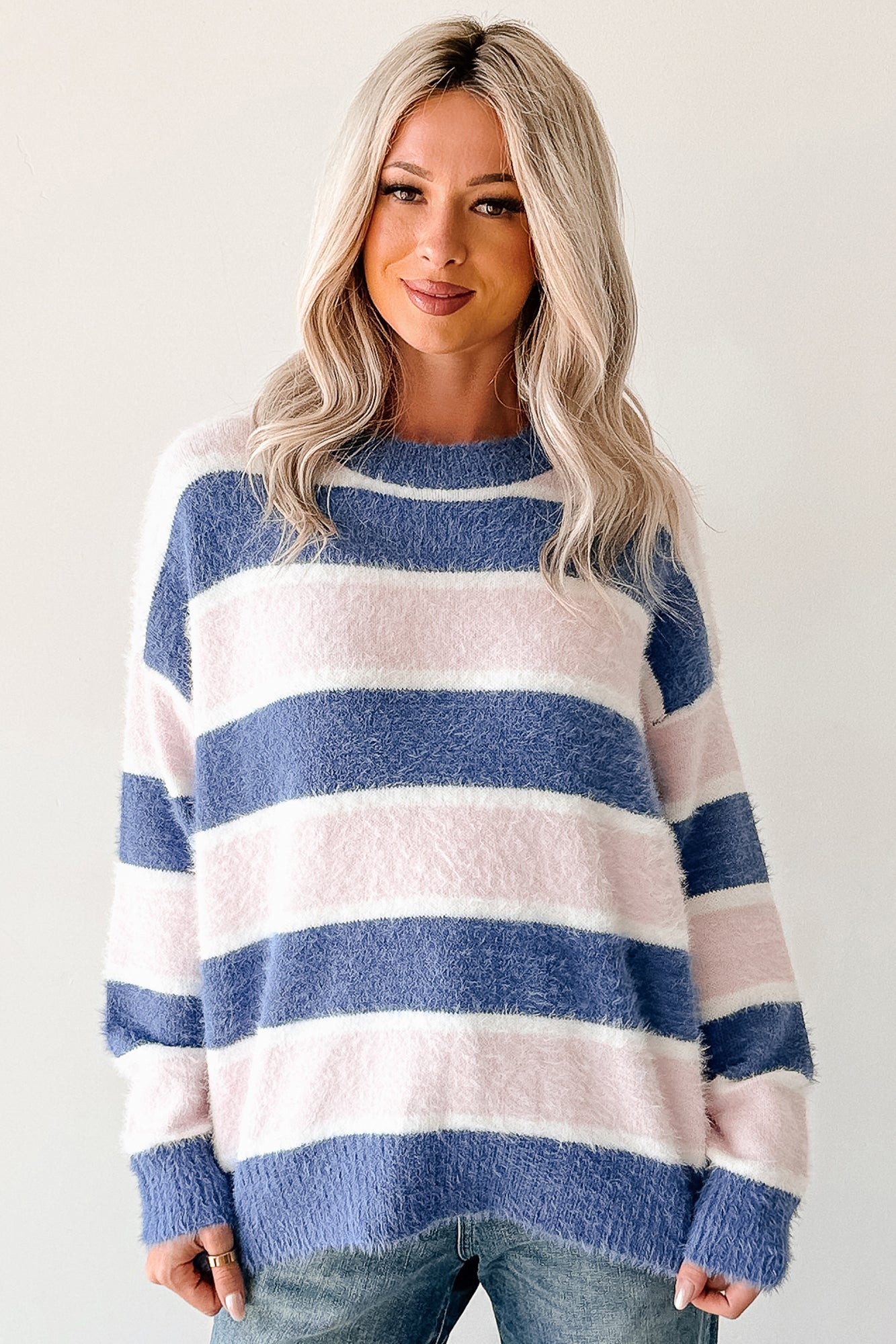 Soft Sentiments Papermoon Striped Fuzzy Sweater (Pink/Navy)-The Formal Wear