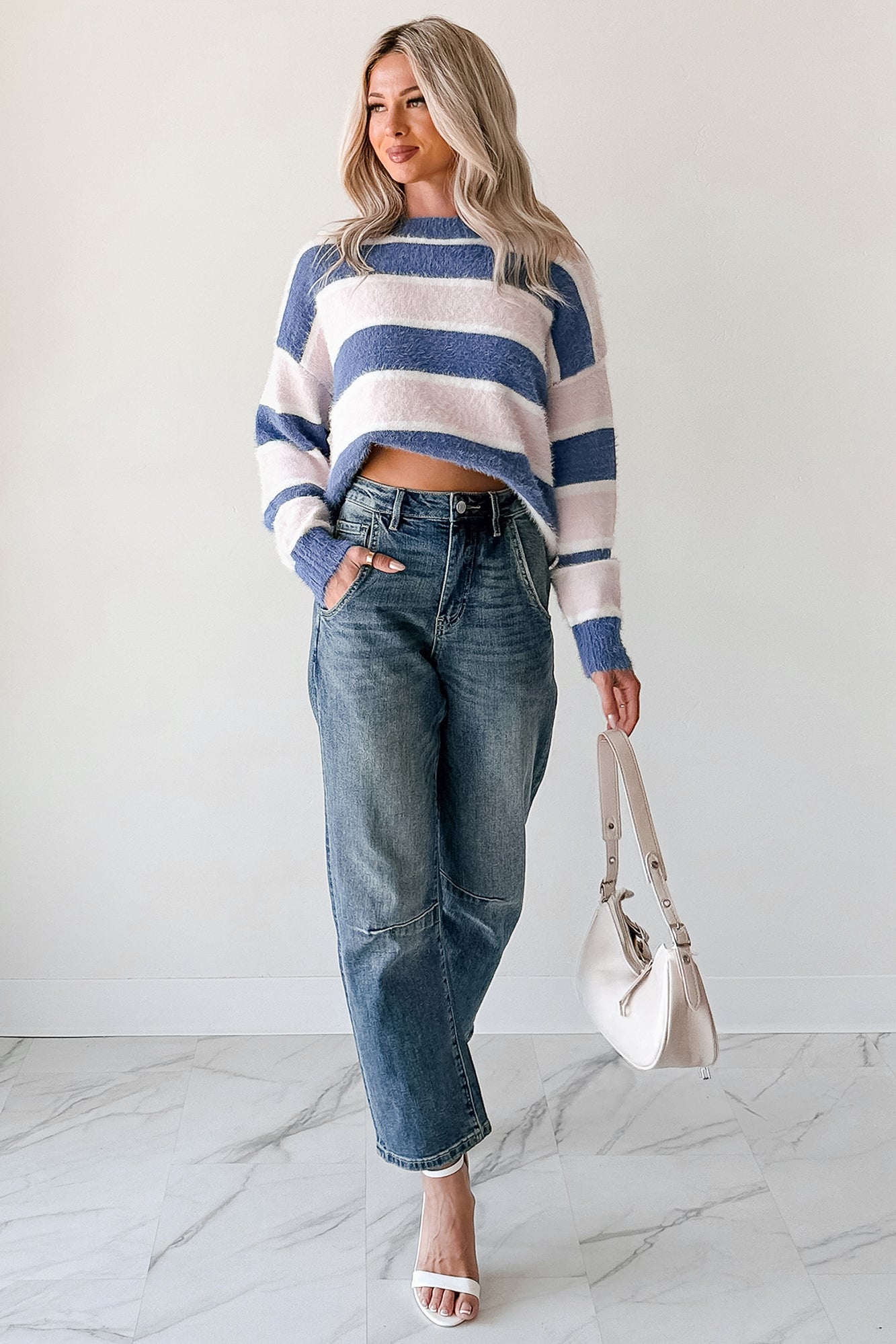 Soft Sentiments Papermoon Striped Fuzzy Sweater (Pink/Navy)-The Formal Wear