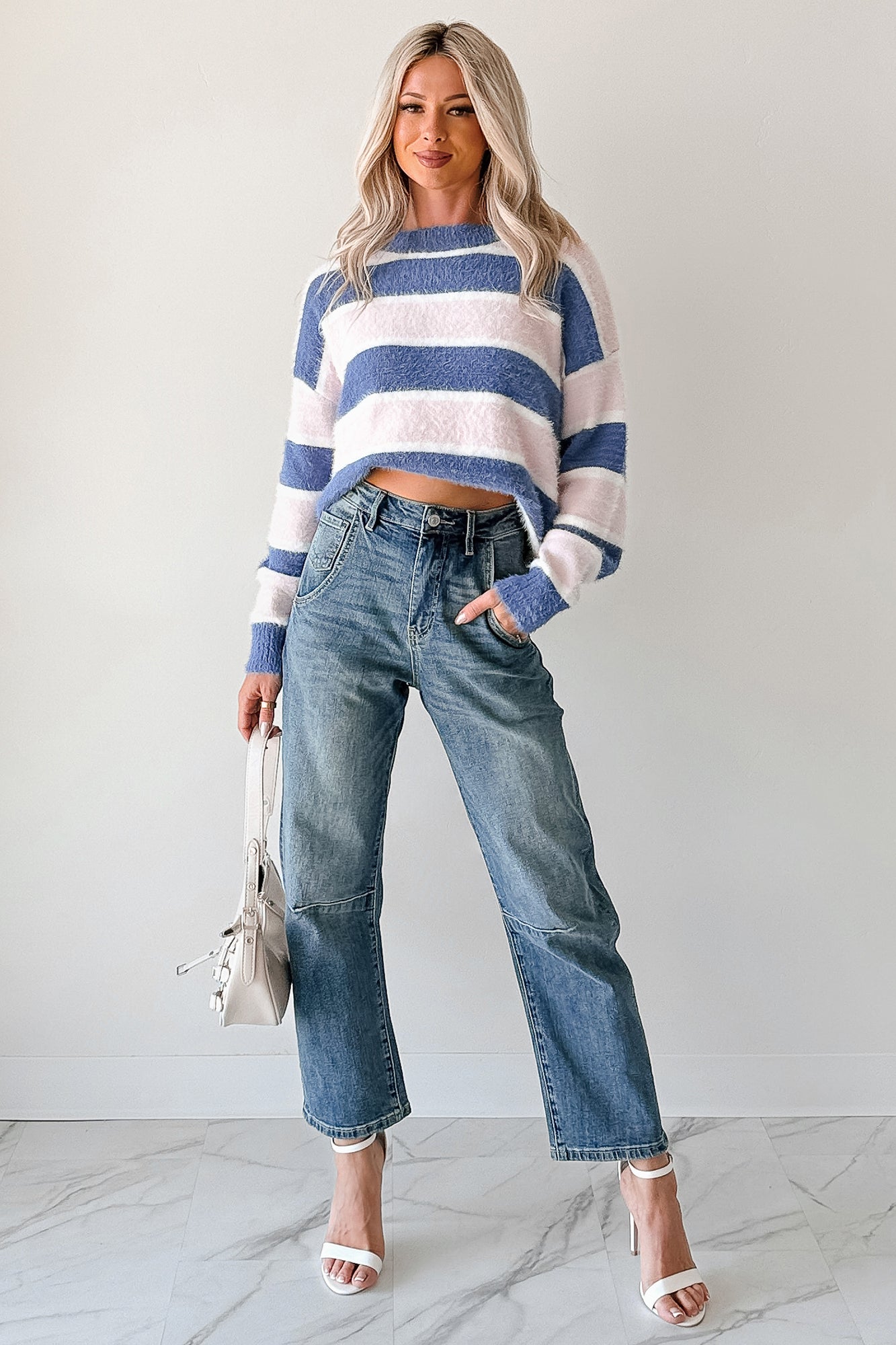 Soft Sentiments Papermoon Striped Fuzzy Sweater (Pink/Navy)-The Formal Wear