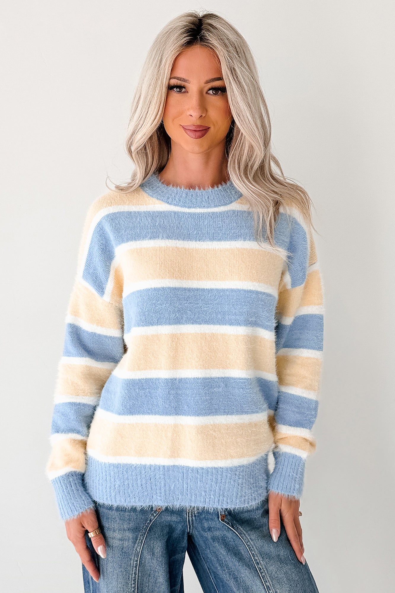 Soft Sentiments Papermoon Striped Fuzzy Sweater (Light Yellow/Light Blue)-The Formal Wear