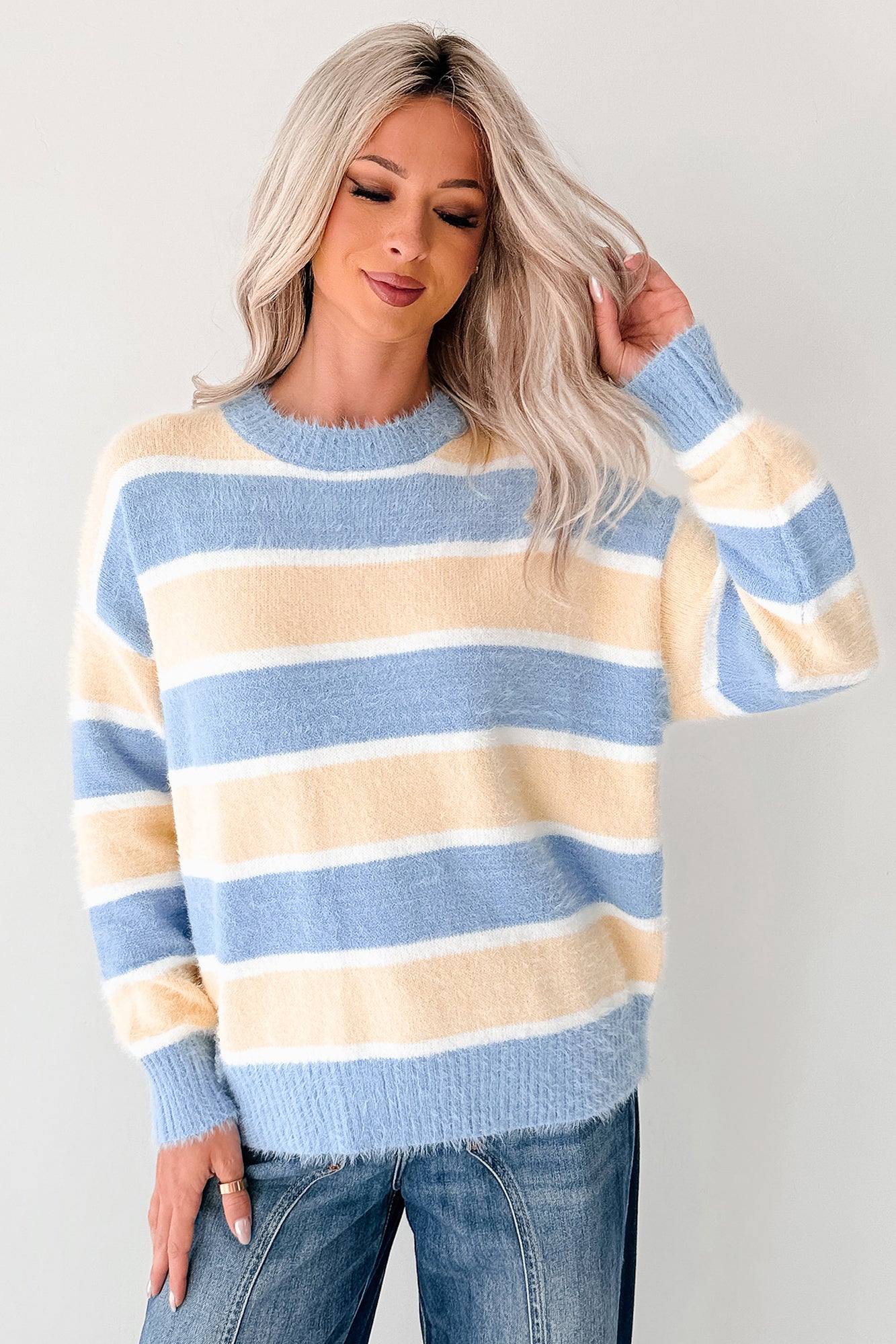 Soft Sentiments Papermoon Striped Fuzzy Sweater (Light Yellow/Light Blue)-The Formal Wear