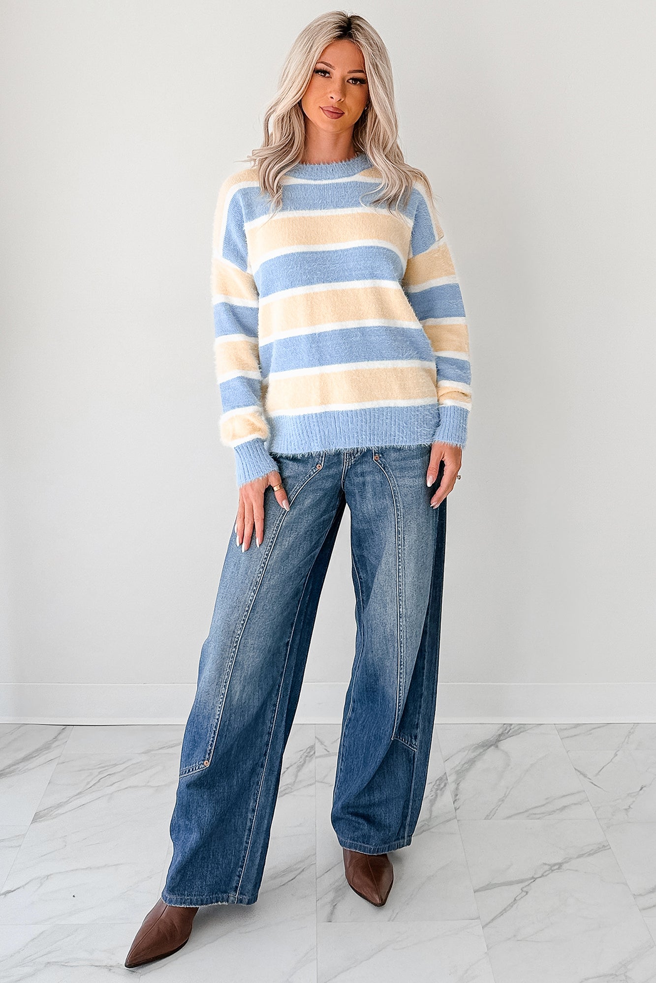 Soft Sentiments Papermoon Striped Fuzzy Sweater (Light Yellow/Light Blue)-The Formal Wear