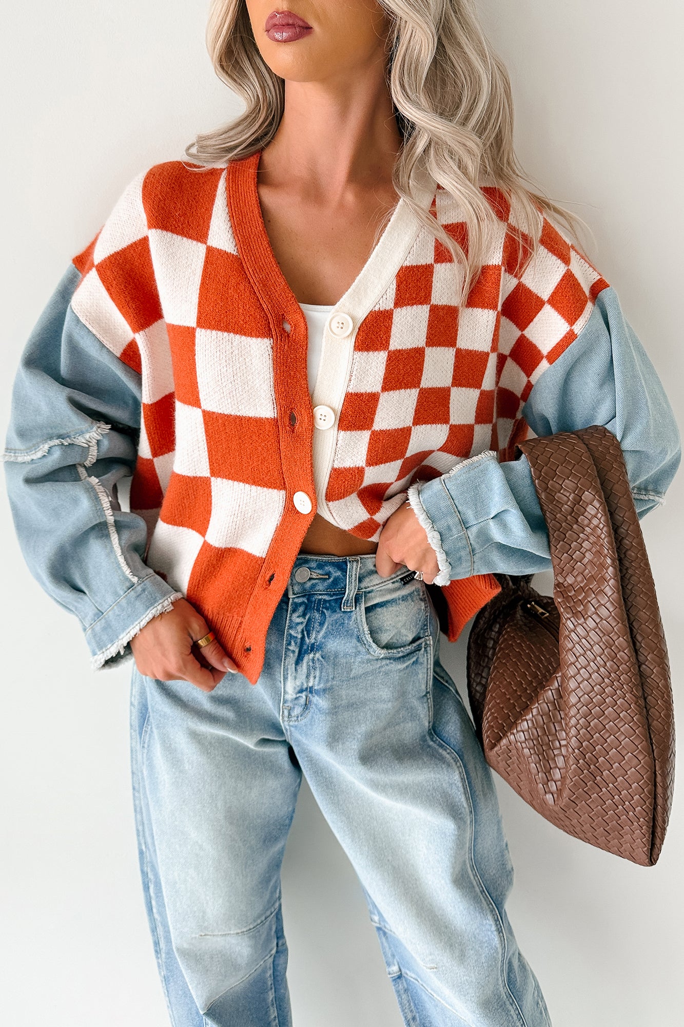 Wild Out Checkered Knit Denim Sleeve Cardigan (Orange)-The Formal Wear