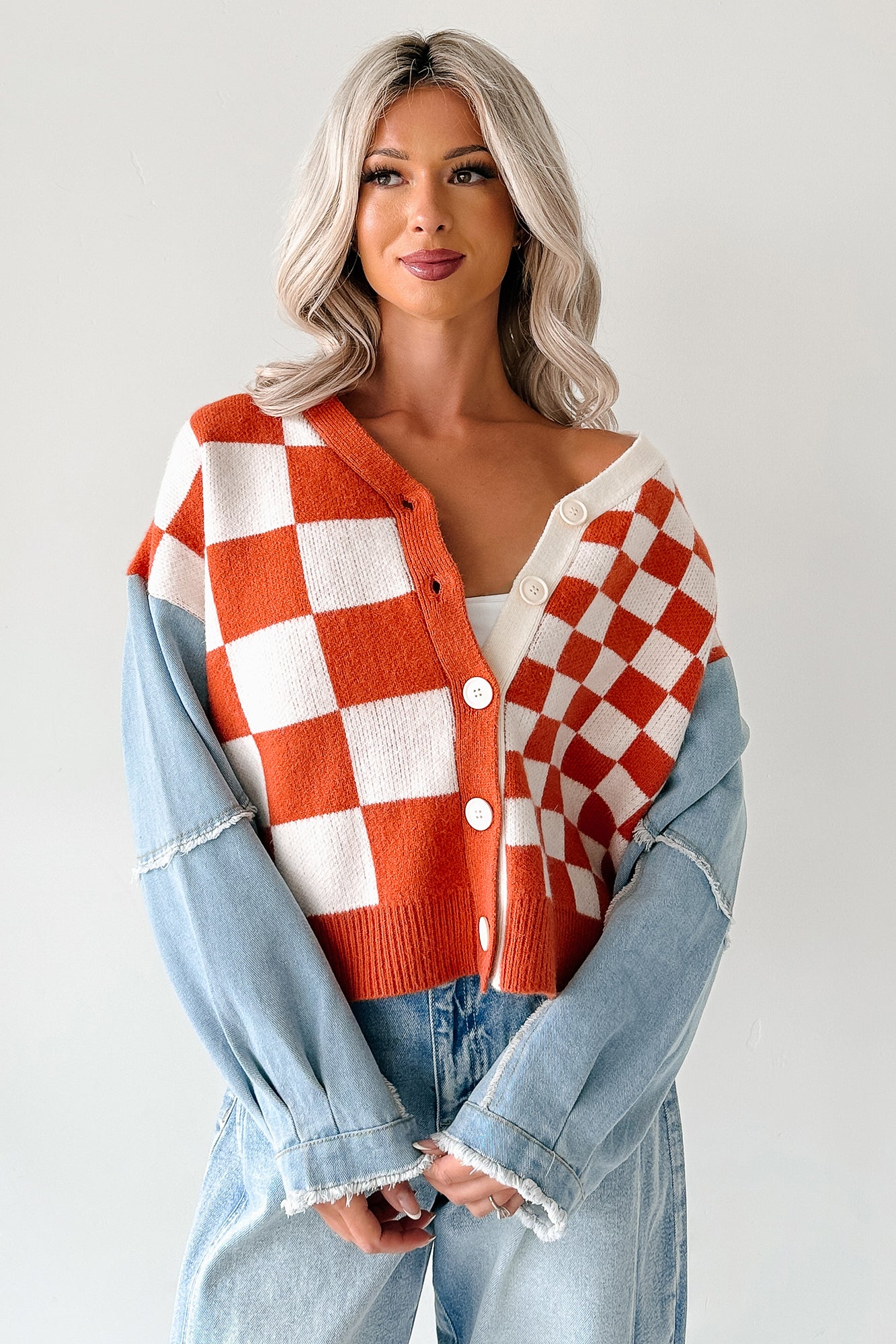 Wild Out Checkered Knit Denim Sleeve Cardigan (Orange)-The Formal Wear