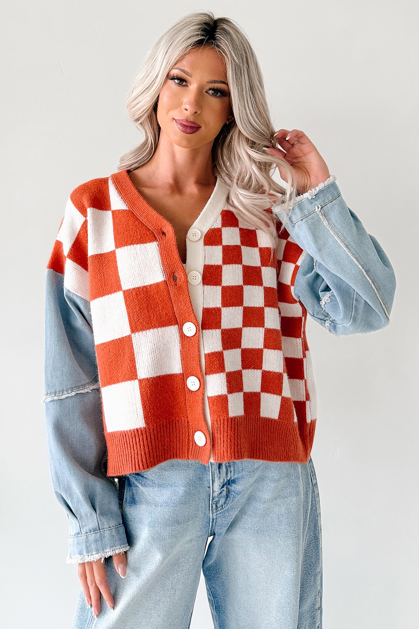 Wild Out Checkered Knit Denim Sleeve Cardigan (Orange)-The Formal Wear