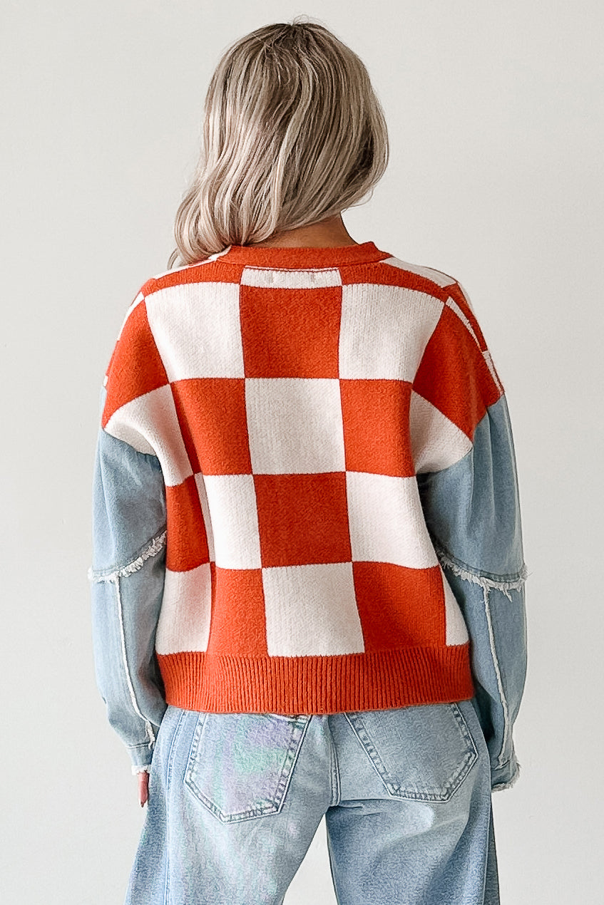 Wild Out Checkered Knit Denim Sleeve Cardigan (Orange)-The Formal Wear