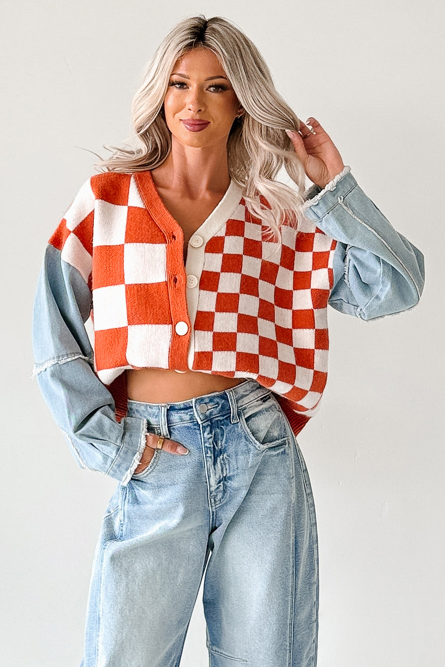 Wild Out Checkered Knit Denim Sleeve Cardigan (Orange)-The Formal Wear