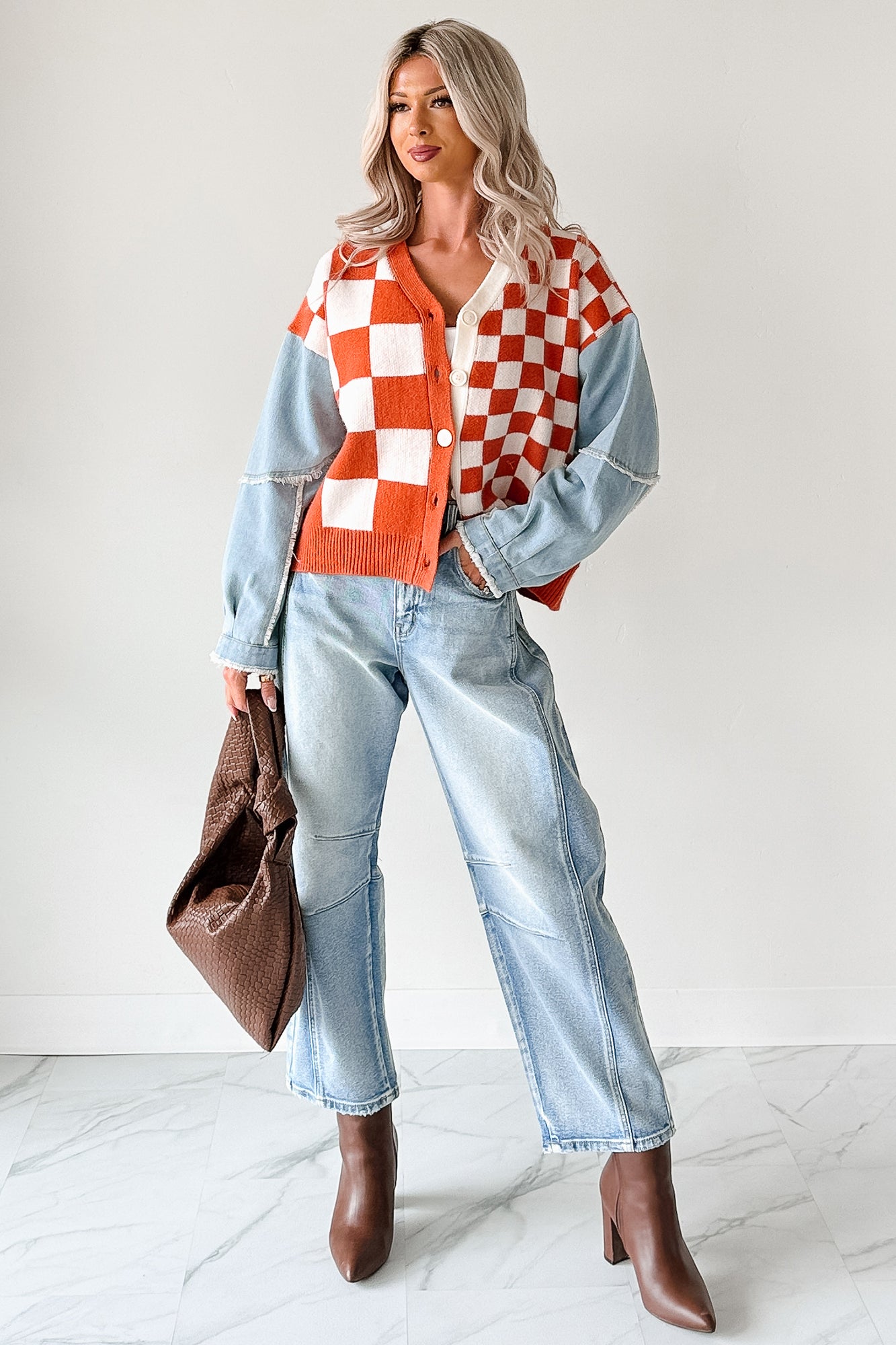 Wild Out Checkered Knit Denim Sleeve Cardigan (Orange)-The Formal Wear