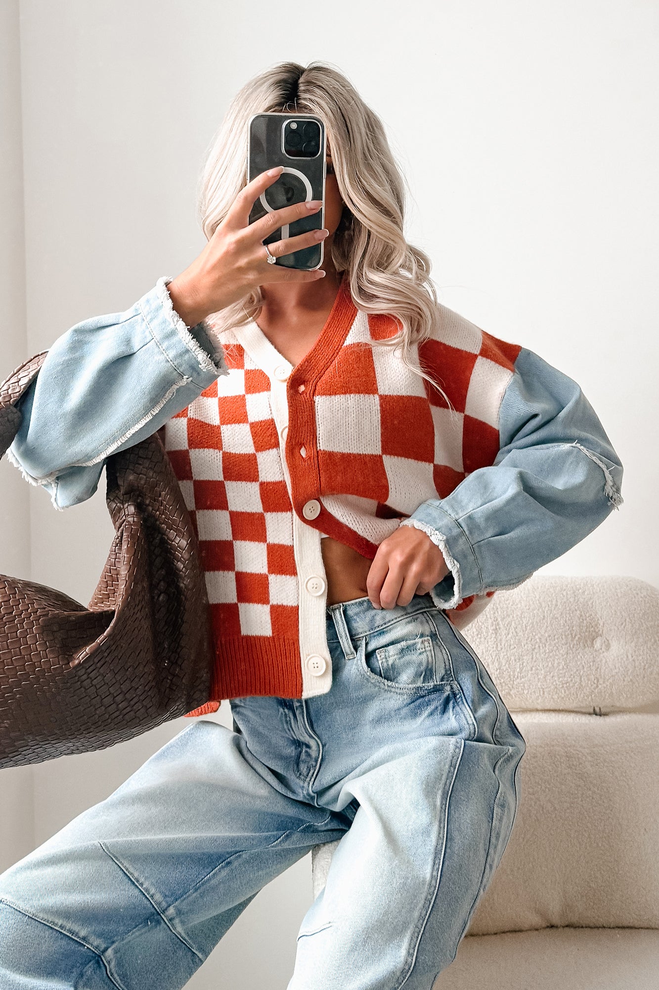 Wild Out Checkered Knit Denim Sleeve Cardigan (Orange)-The Formal Wear