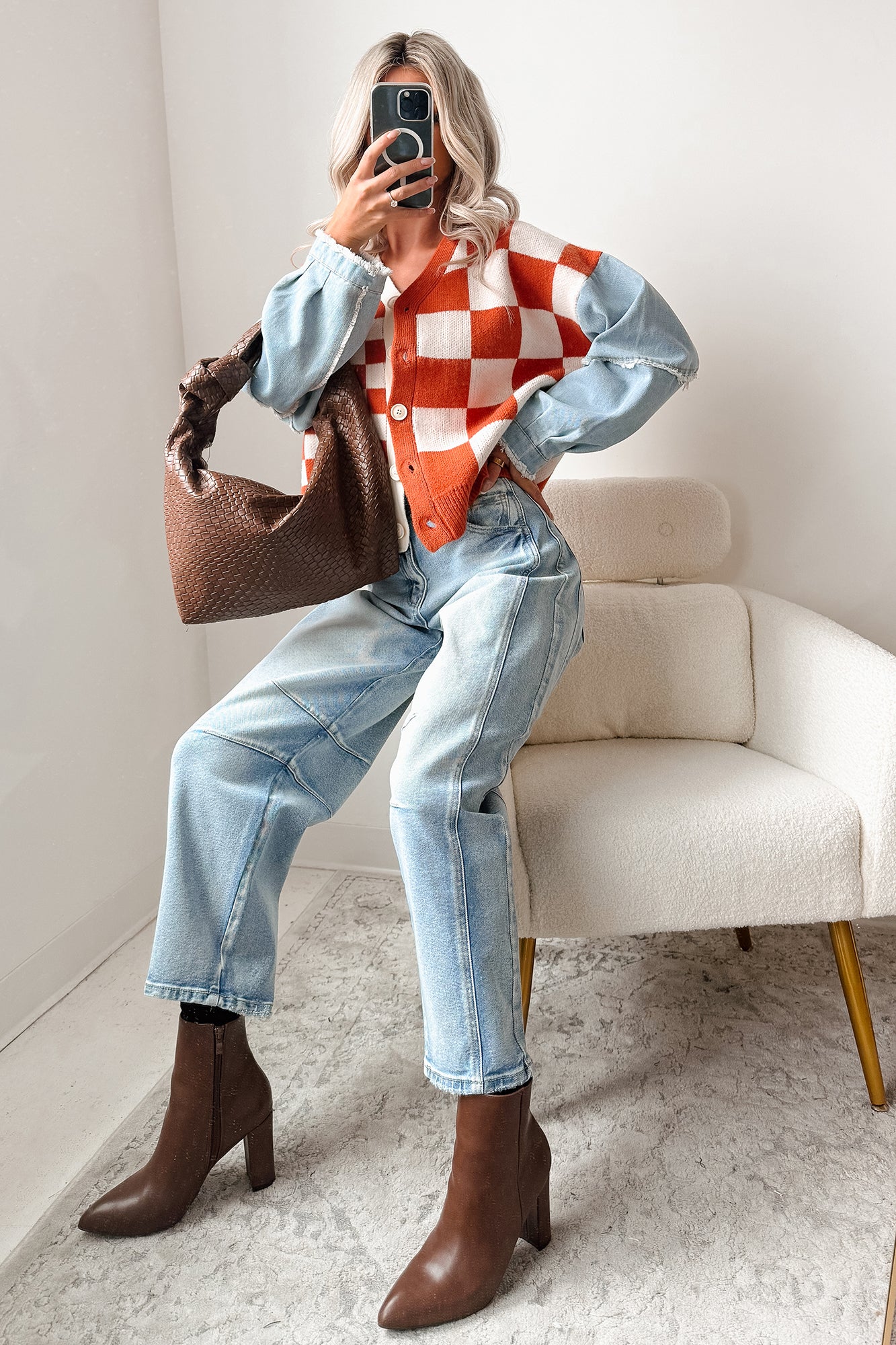 Wild Out Checkered Knit Denim Sleeve Cardigan (Orange)-The Formal Wear