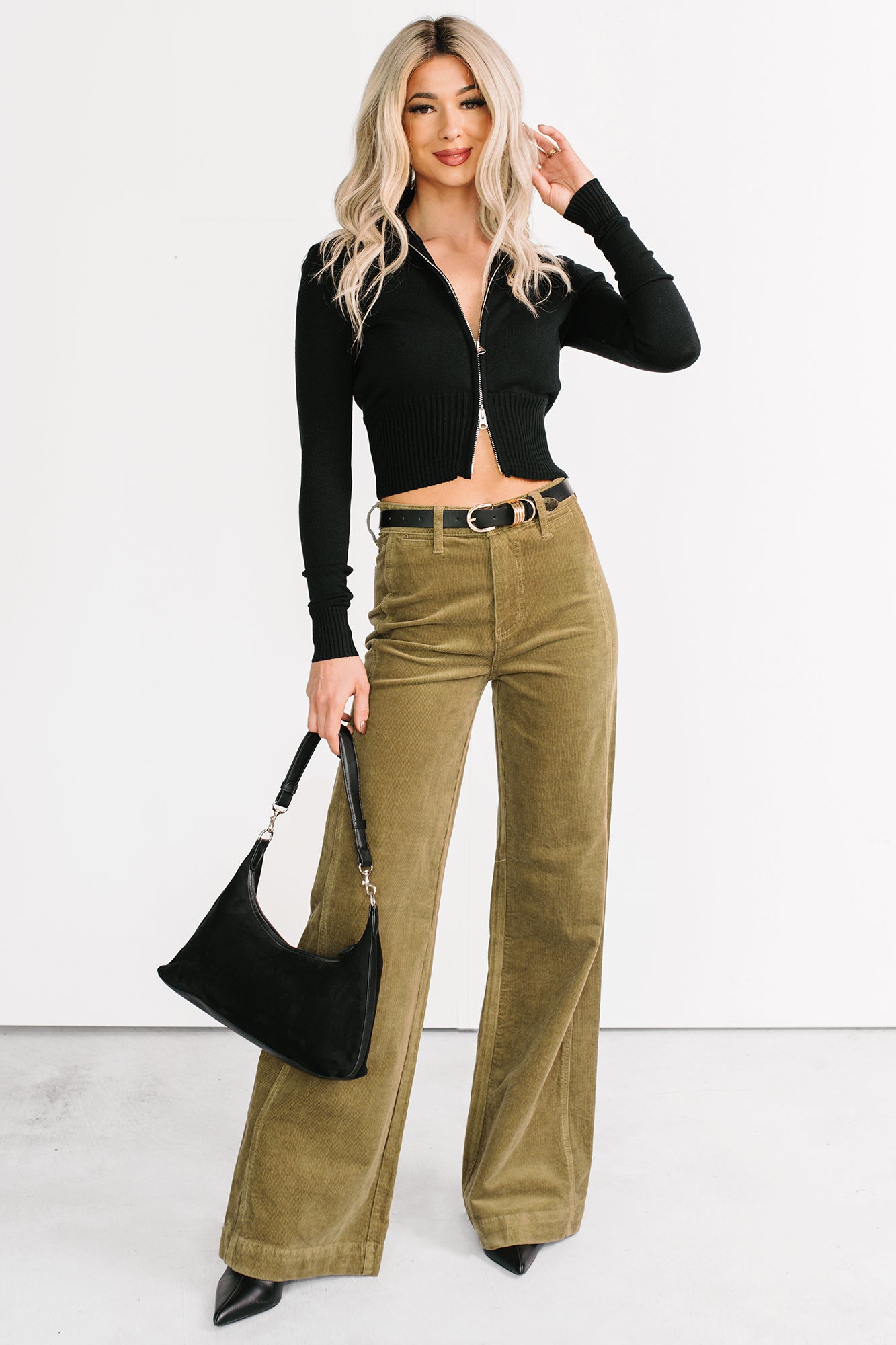 Carey Corduroy Judy Blue Wide Leg Pants (Olive)-The Formal Wear