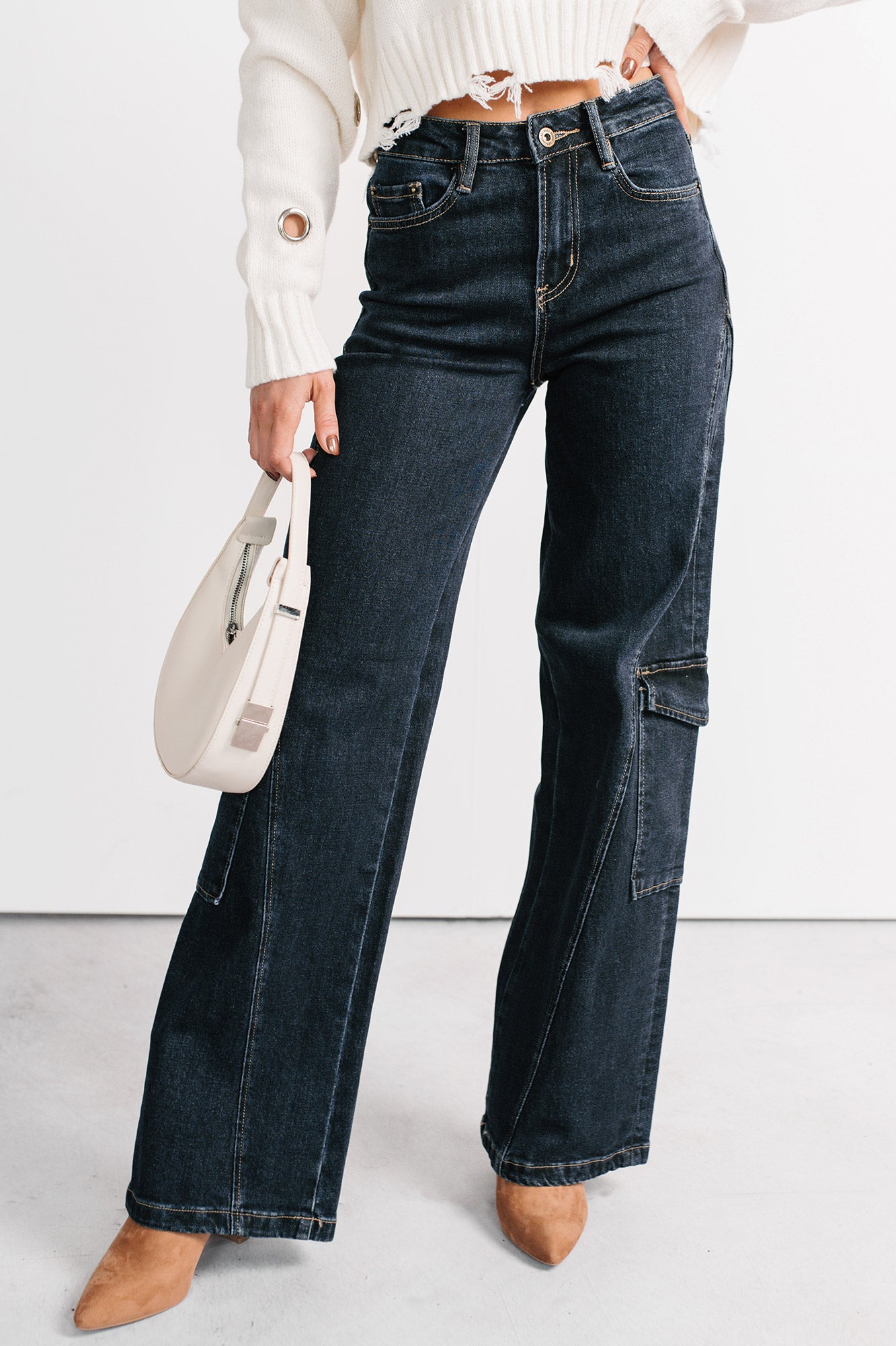 Crosby Wide Leg Mica Denim Cargo Jeans (Dark Wash)-The Formal Wear