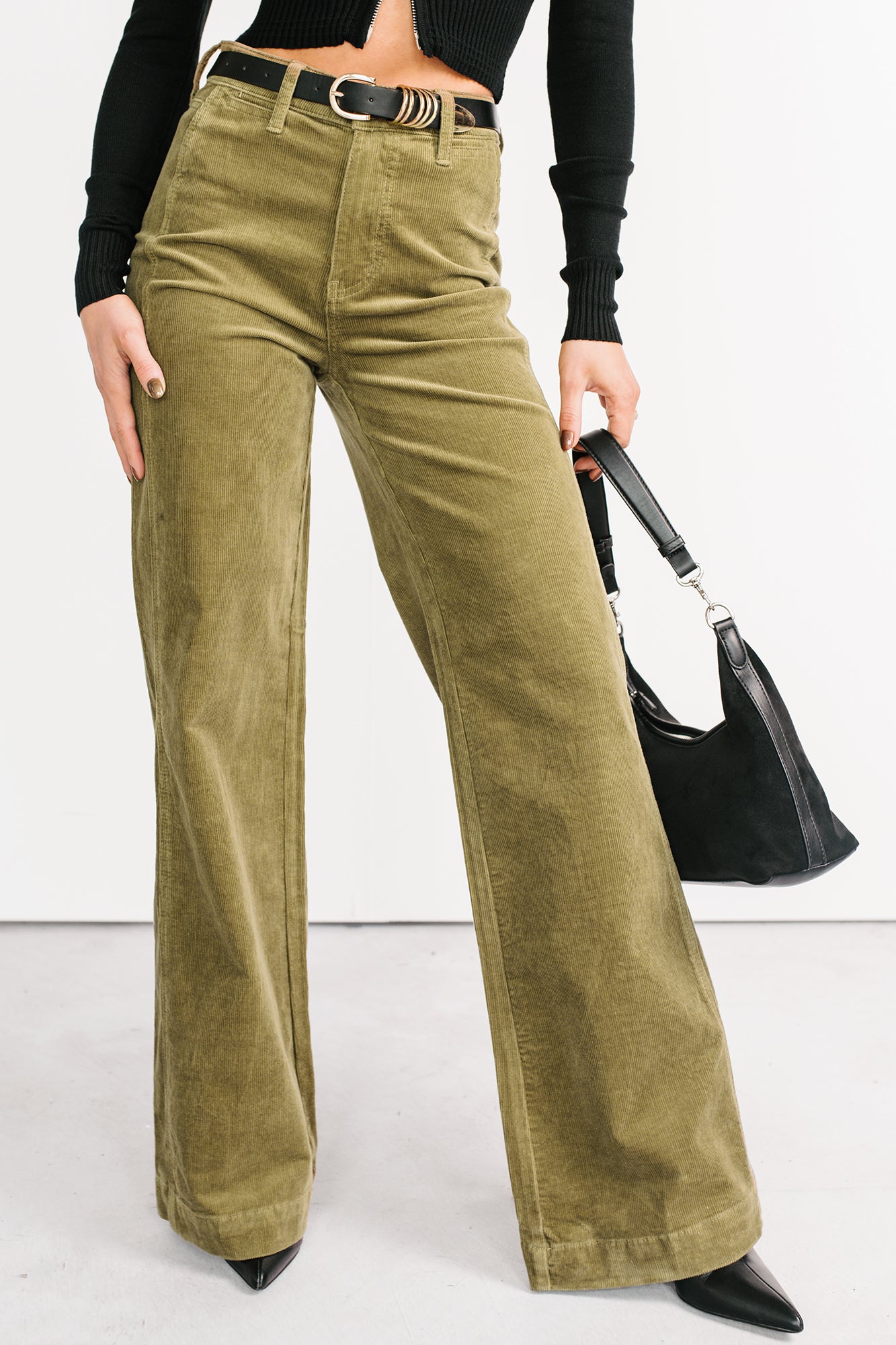 Carey Corduroy Judy Blue Wide Leg Pants (Olive)-The Formal Wear