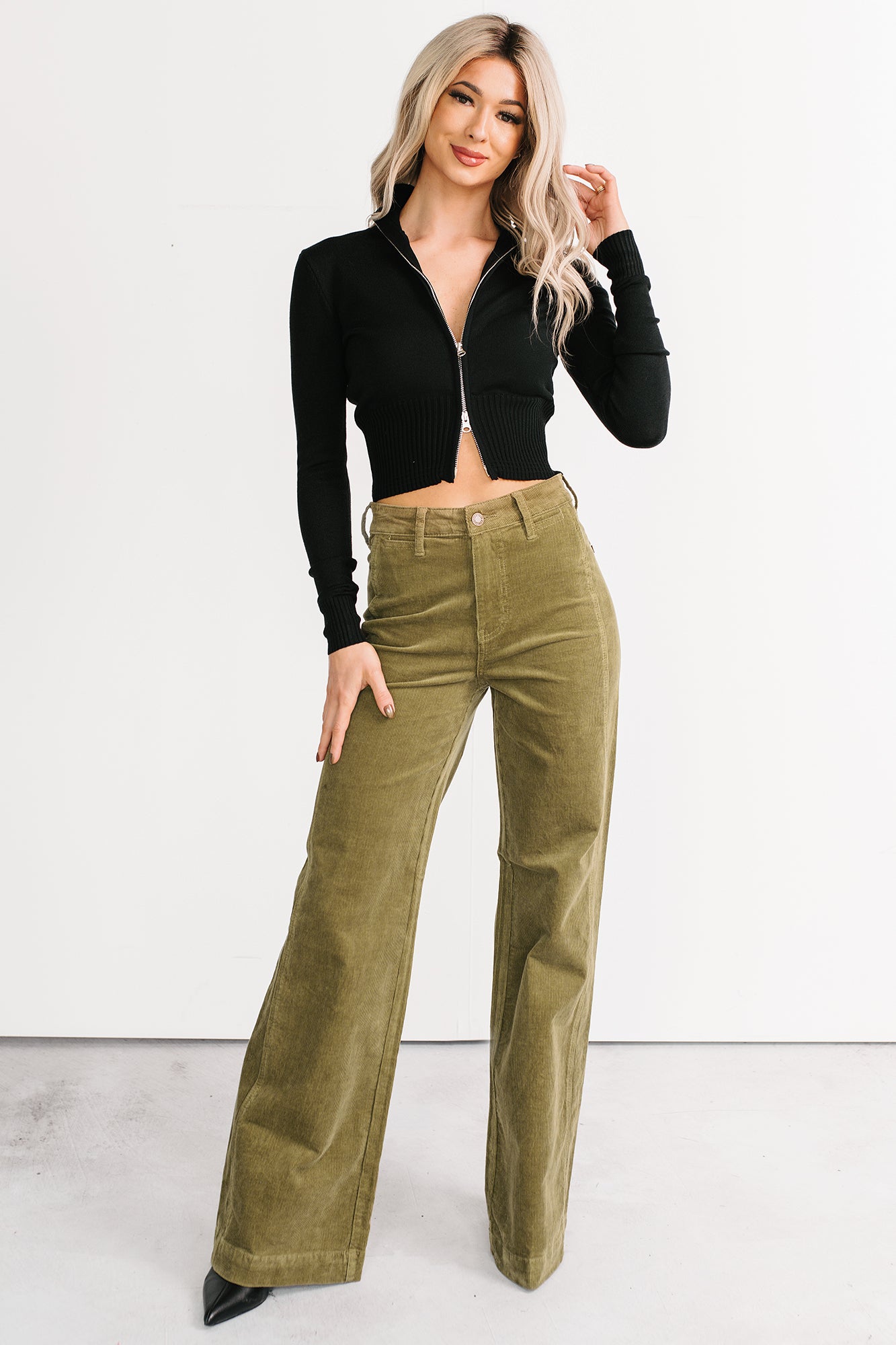 Carey Corduroy Judy Blue Wide Leg Pants (Olive)-The Formal Wear