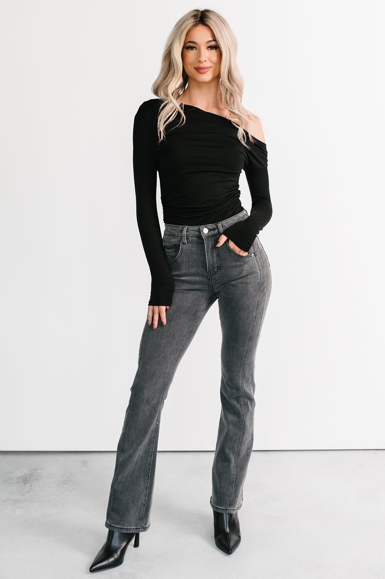 Classic Heart One Shoulder Long Sleeve Top (Black)-The Formal Wear