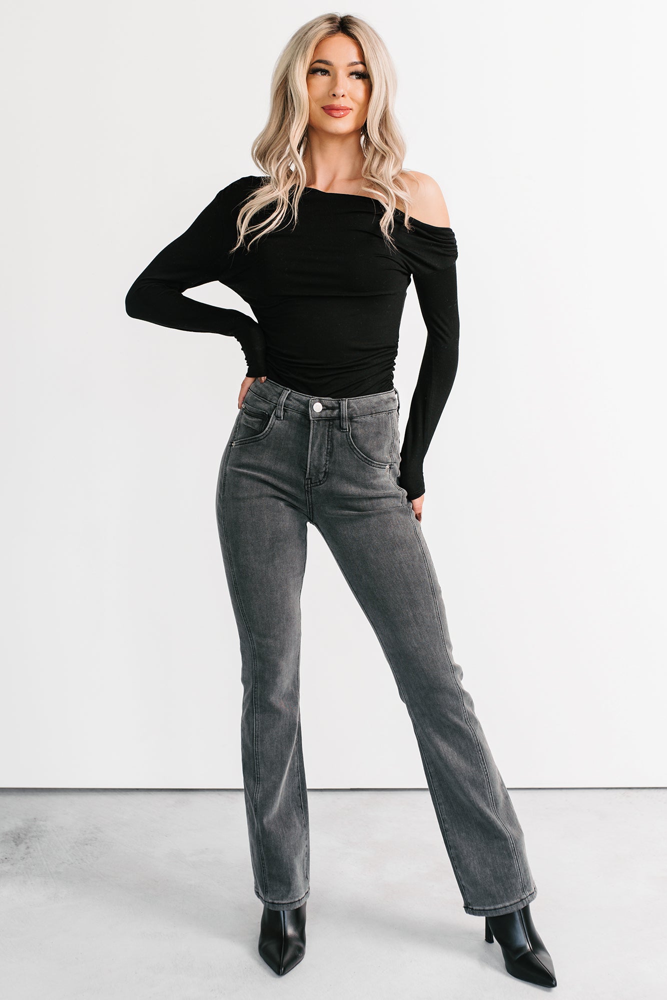 Classic Heart One Shoulder Long Sleeve Top (Black)-The Formal Wear