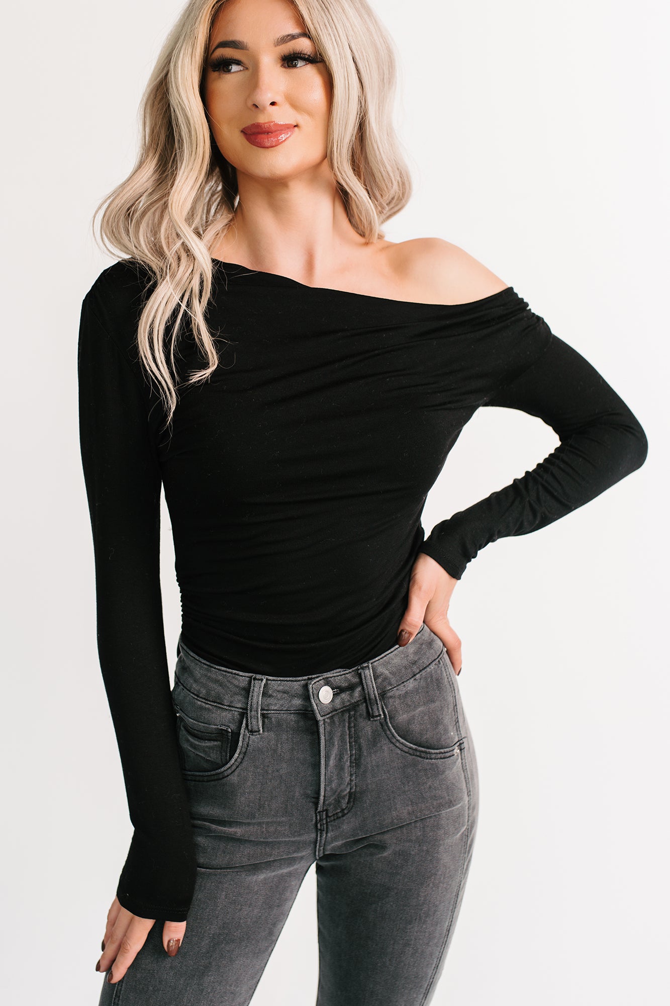 Classic Heart One Shoulder Long Sleeve Top (Black)-The Formal Wear