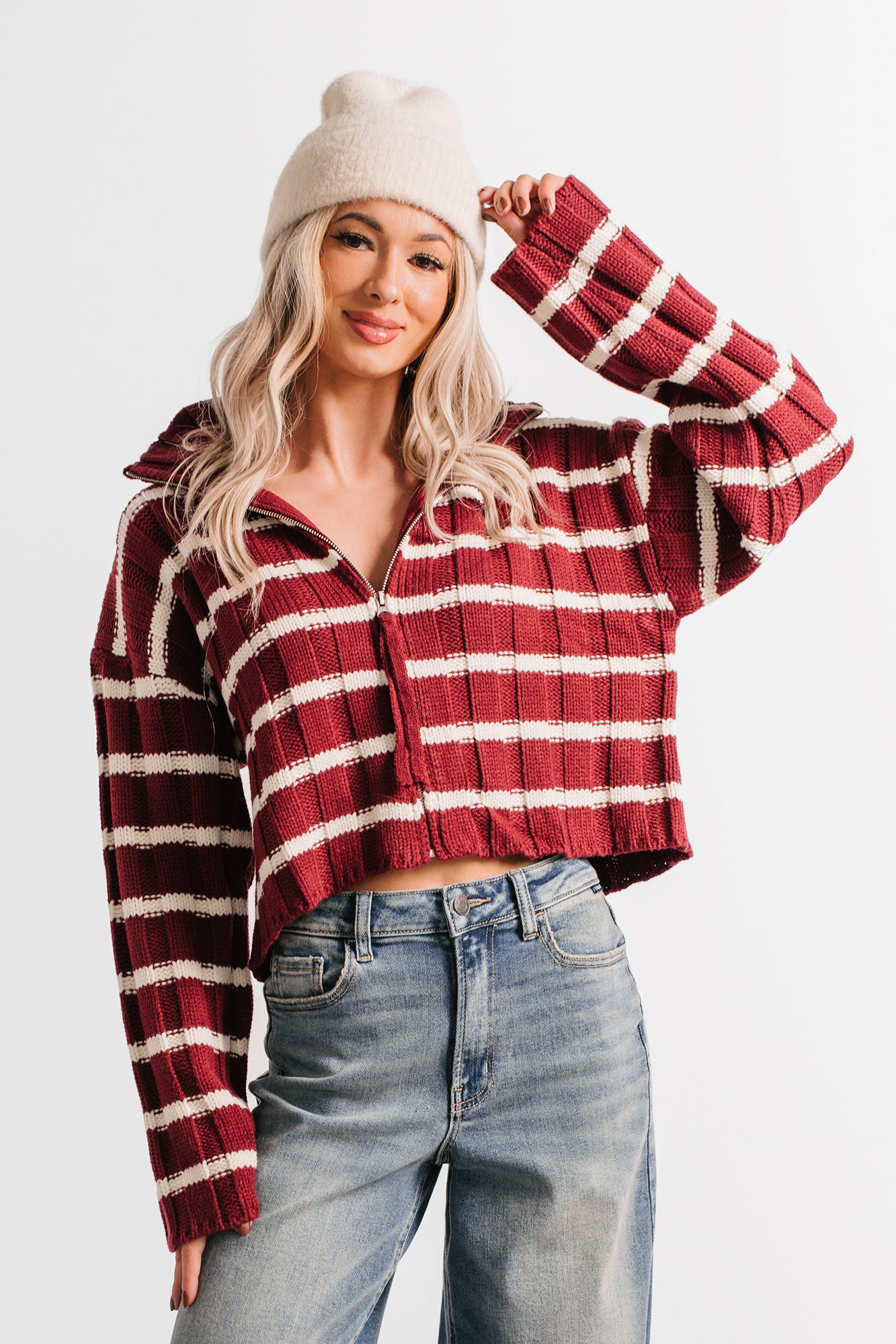 Calm Assurance Striped Zip-Up Sweater Jacket (Wine)-The Formal Wear