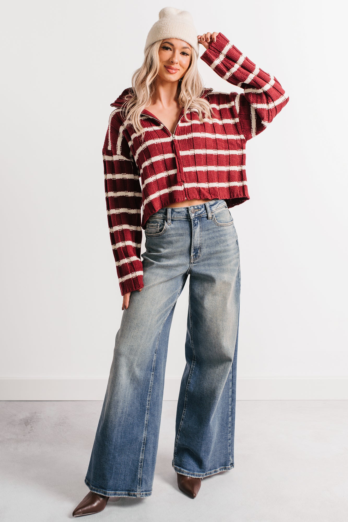 Calm Assurance Striped Zip-Up Sweater Jacket (Wine)-The Formal Wear