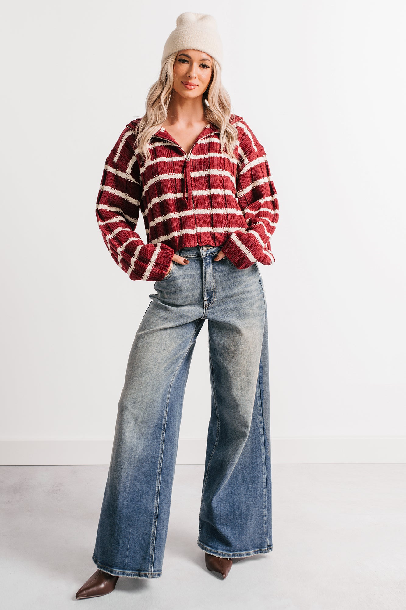 Calm Assurance Striped Zip-Up Sweater Jacket (Wine)-The Formal Wear