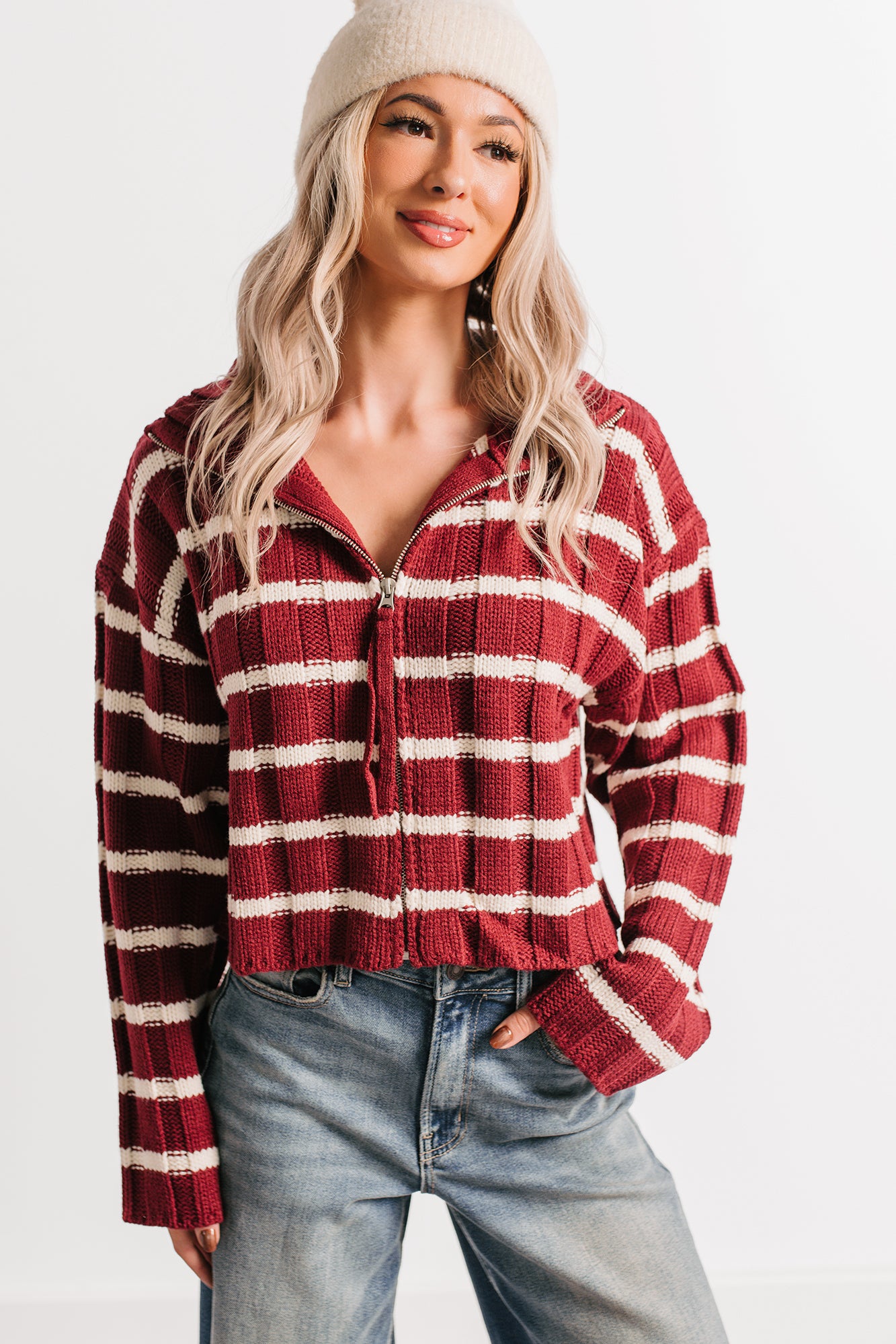 Calm Assurance Striped Zip-Up Sweater Jacket (Wine)-The Formal Wear