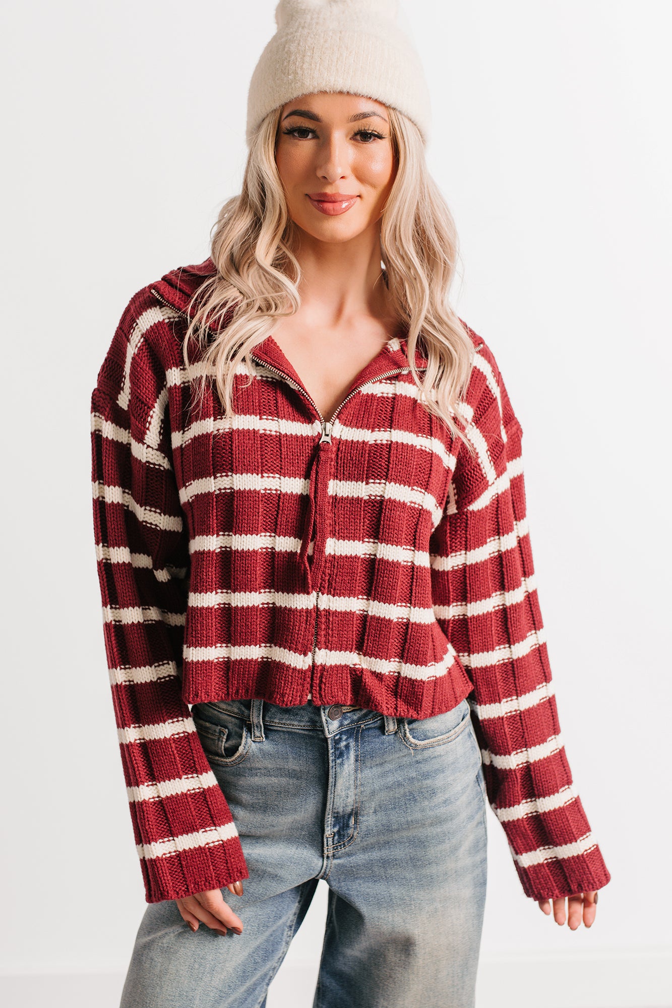 Calm Assurance Striped Zip-Up Sweater Jacket (Wine)-The Formal Wear