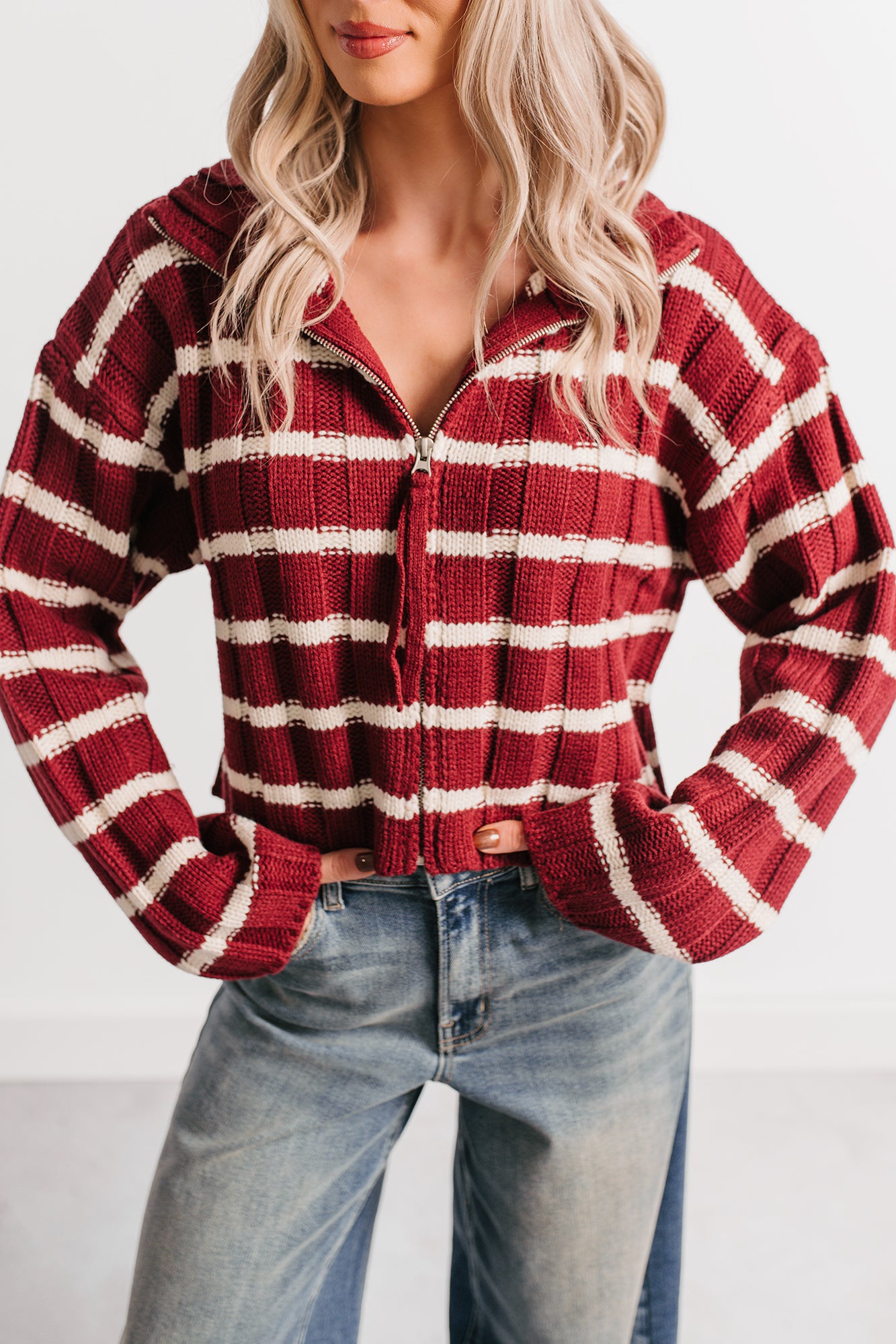 Calm Assurance Striped Zip-Up Sweater Jacket (Wine)-The Formal Wear