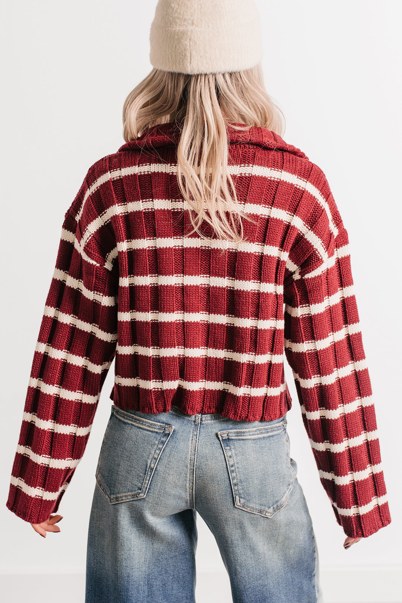 Calm Assurance Striped Zip-Up Sweater Jacket (Wine)-The Formal Wear
