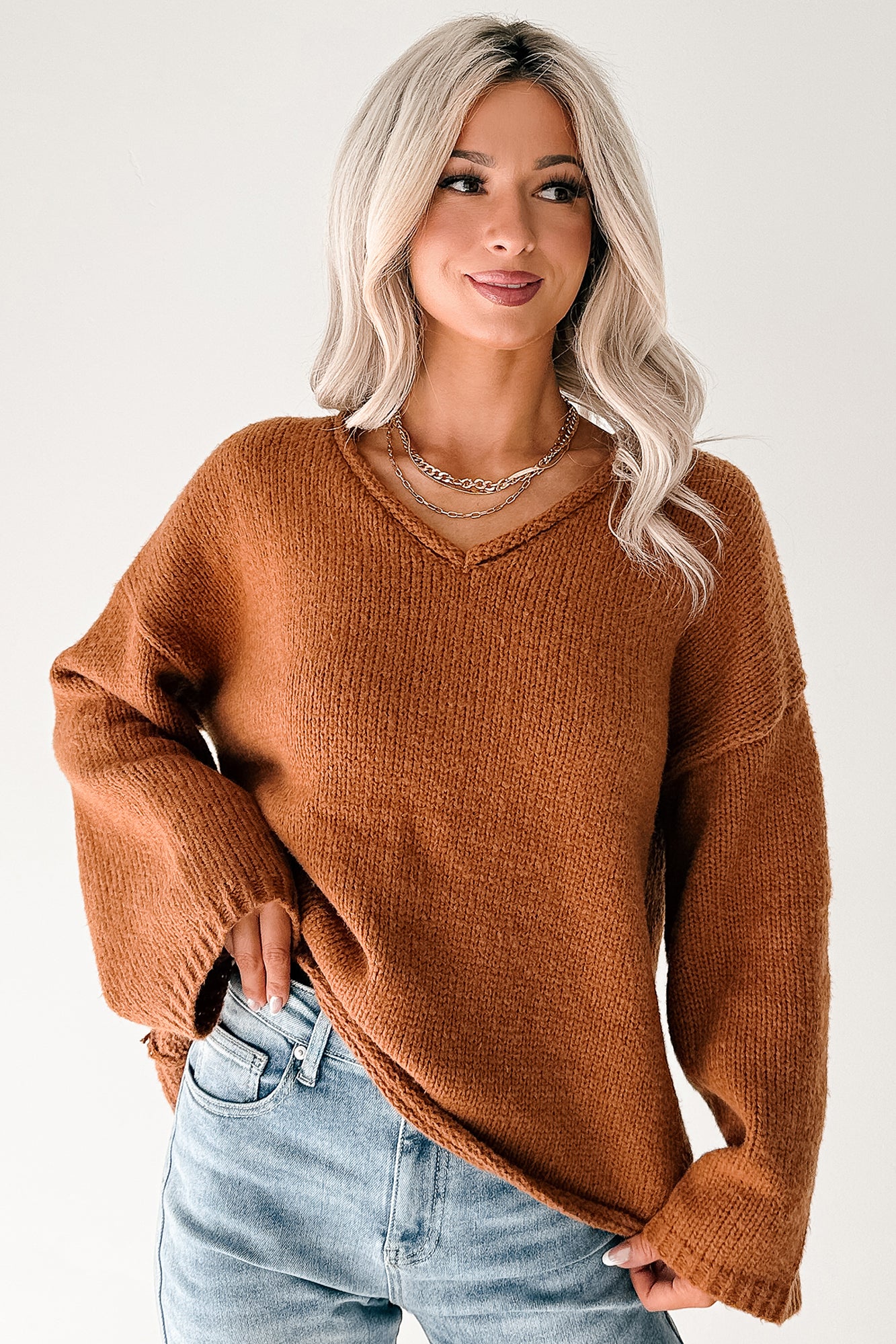 Coffee Talks Chunky V-Neck Sweater (Brown)-The Formal Wear